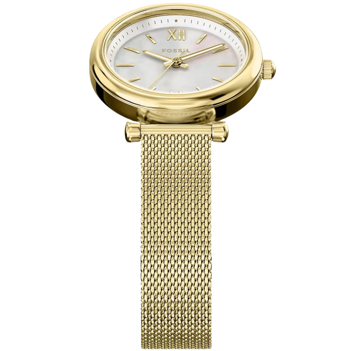 Fossil Carlie ES5462 front angled perspective highlighting mother of pearl dial with polished gold bezel   