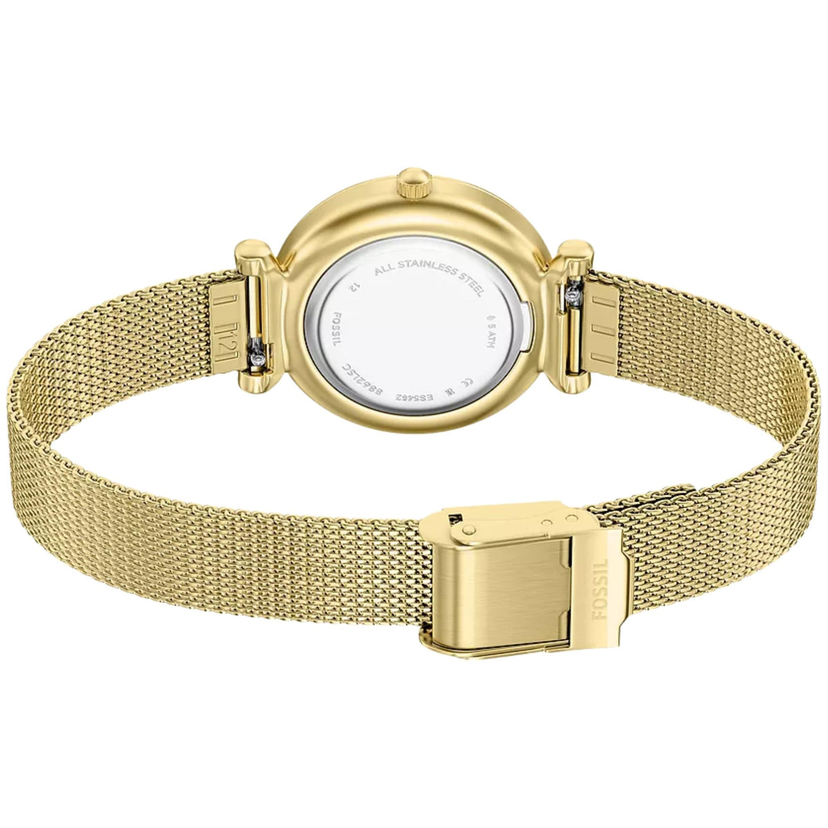 Fossil Carlie ES5462 rear perspective view showing case back and open steel mesh strap   