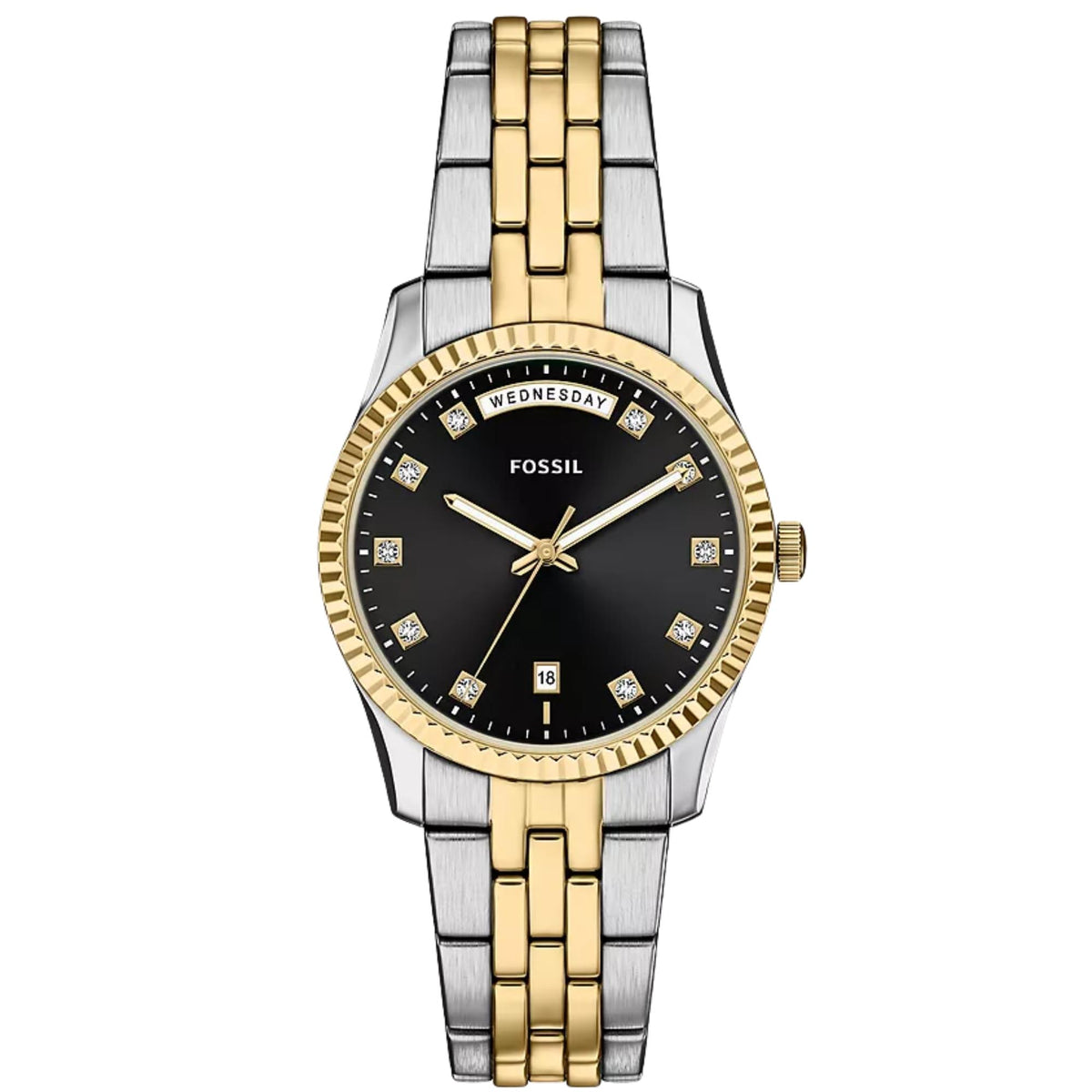 Front view of the Fossil Scarlette ES5458 womens watch featuring a black dial, gold-tone fluted bezel, and two-colour stainless steel link bracelet
