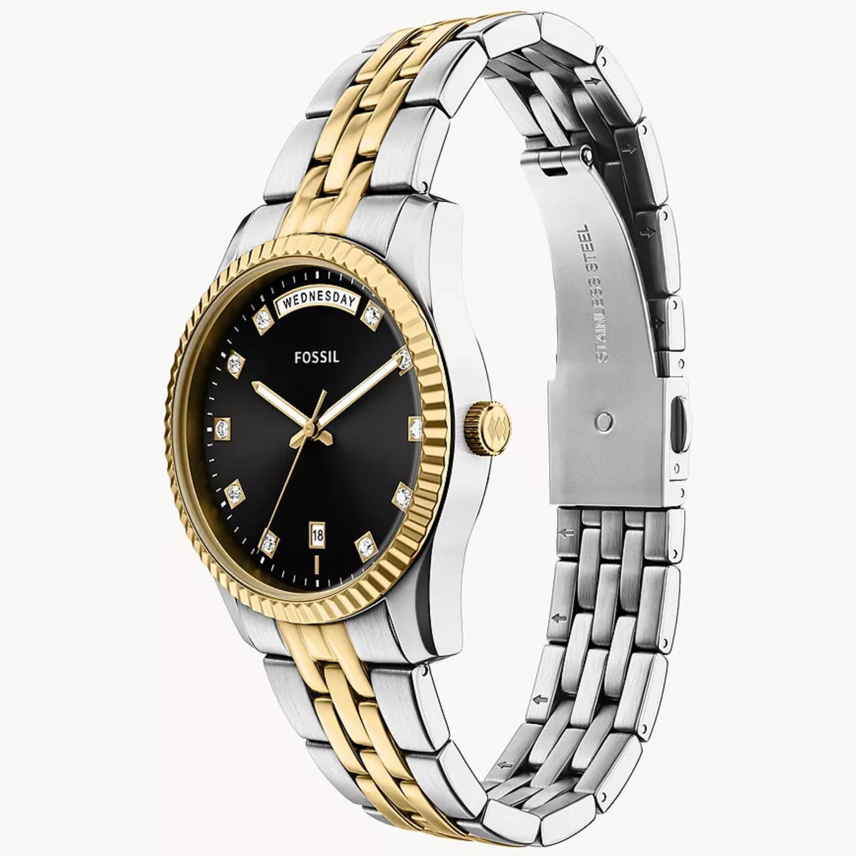 Three-quarter perspective of the Fossil Scarlette ES5458 watch highlighting the black dial, day-date display, and two-tone metallic band