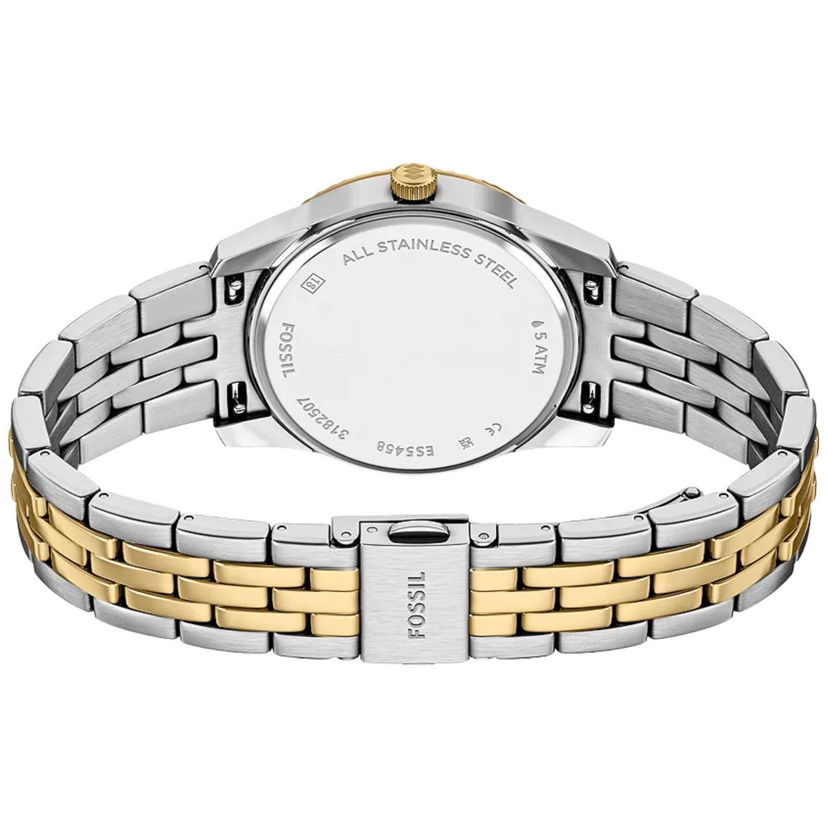 Rear perspective of the Fossil Scarlette ES5458 wrist watch showcasing the open two-tone bracelet band, case back, and engraved deployment clasp