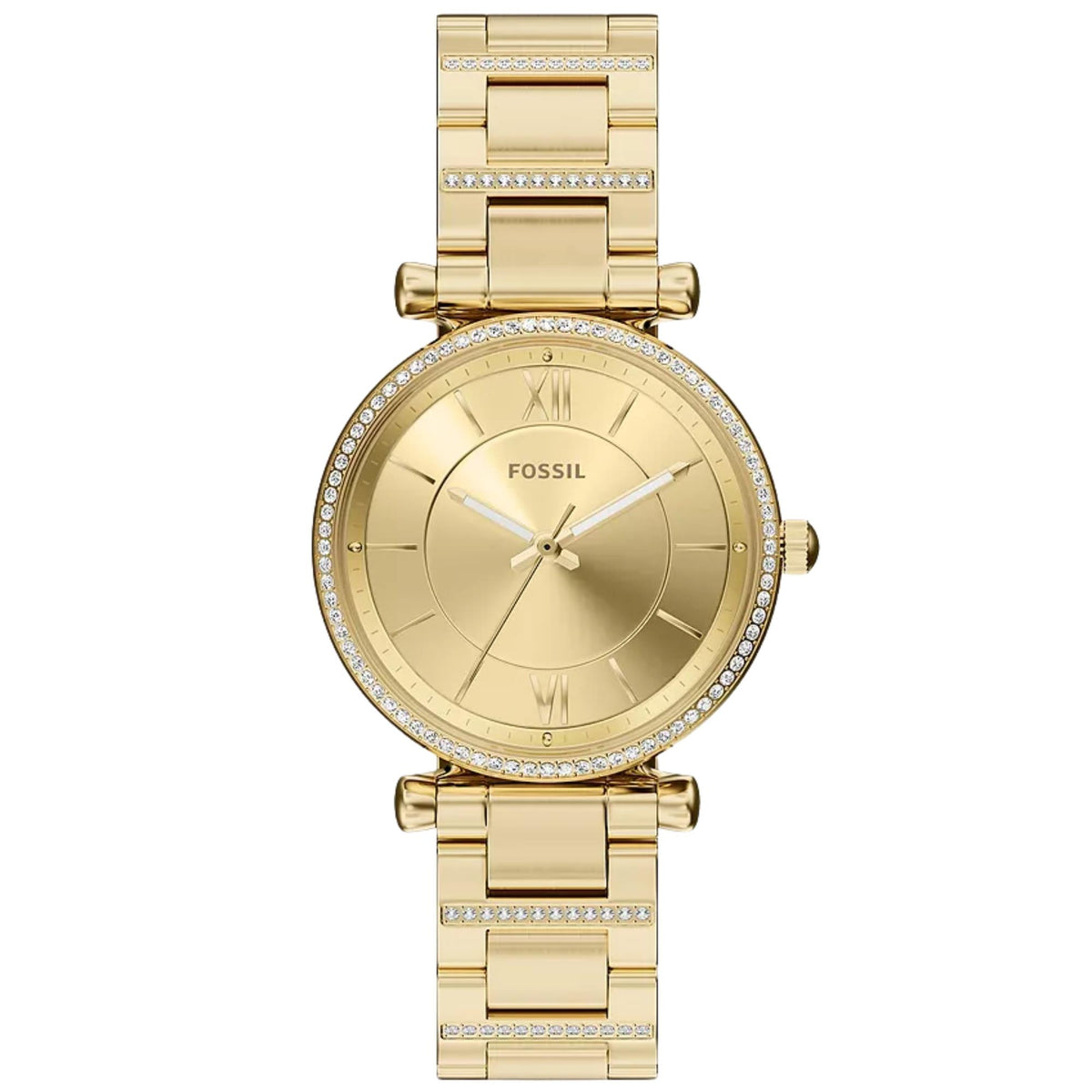 Front-facing view of the Fossil Carlie ES5465 ladies quartz watch with a crystal bezel, gold dial, and matching bracelet