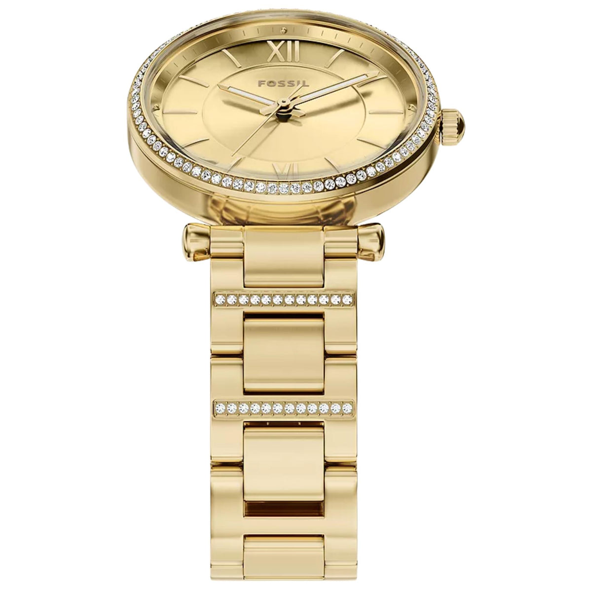 Top-angle view highlighting the crystal bezel, gold dial, and embellished bracelet links of the Fossil Carlie ES5465 quartz timepiece