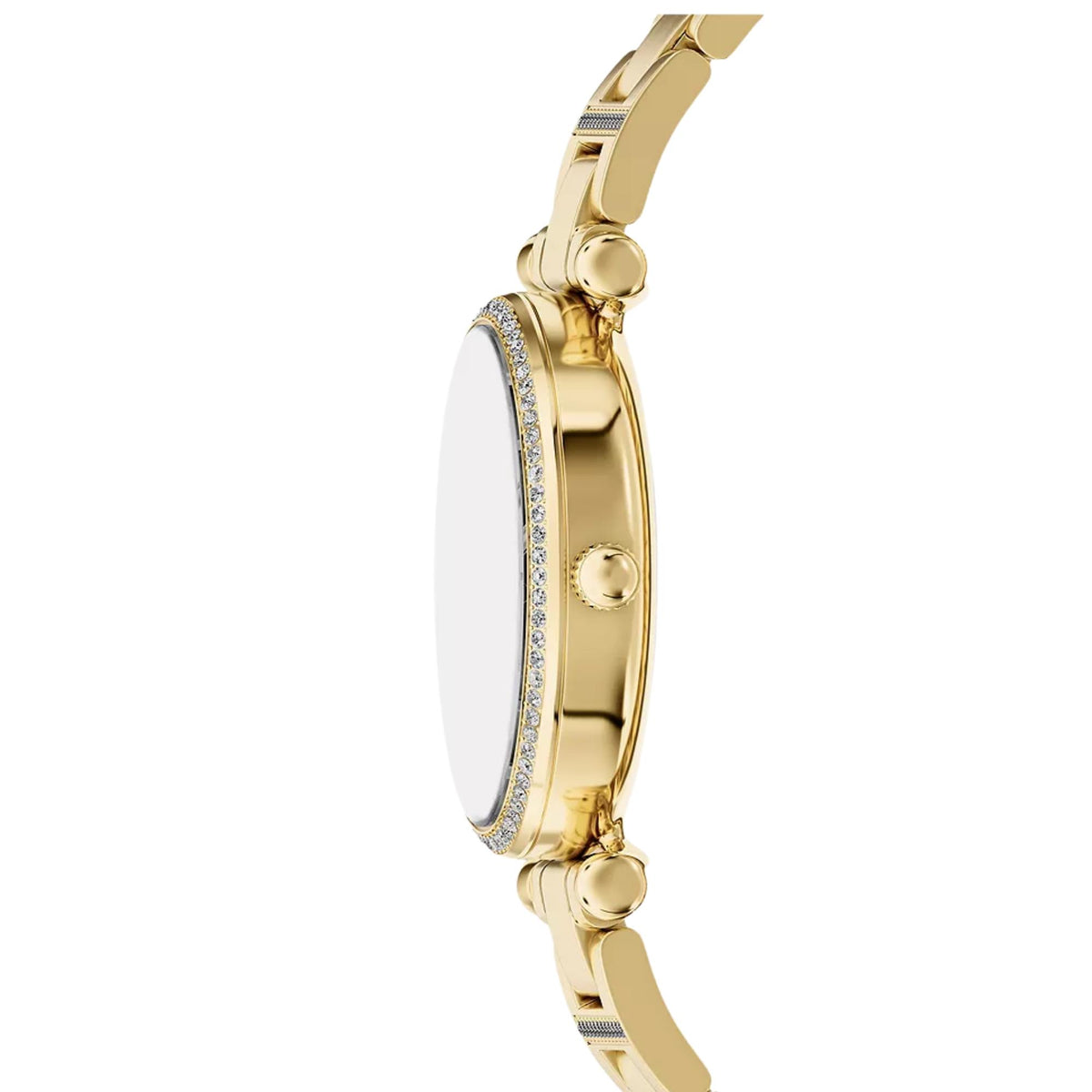 Side profile view showing the slim case, winding crown, and crystal bezel of the Fossil Carlie ES5465 watch