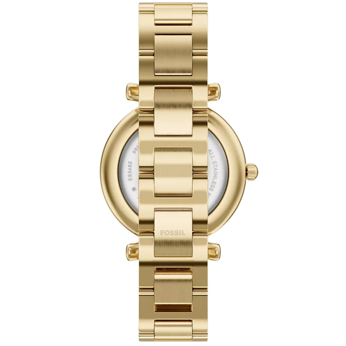 Back view showing the gold-tone stainless steel bracelet and case back of the Fossil Carlie ES5465 ladies watch