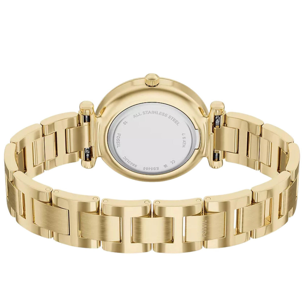 Rear view showcasing the open stainless steel bracelet and clasp of the Fossil Carlie ES5465 quartz watch
