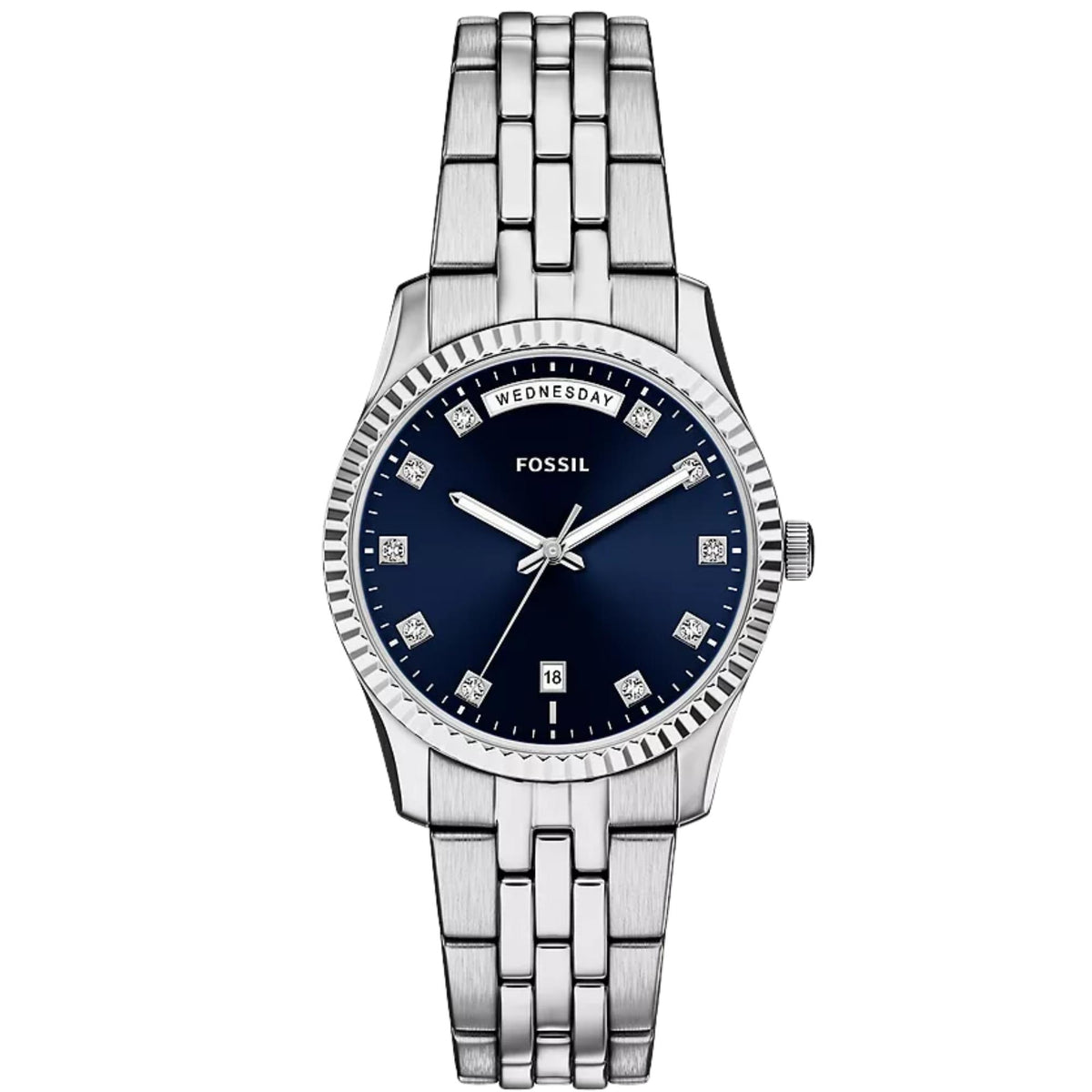 Fossil Scarlette ES5457 ladies quartz watch featuring a deep blue dial, fluted bezel, crystal hour markers, day-date display, and stainless steel link bracelet