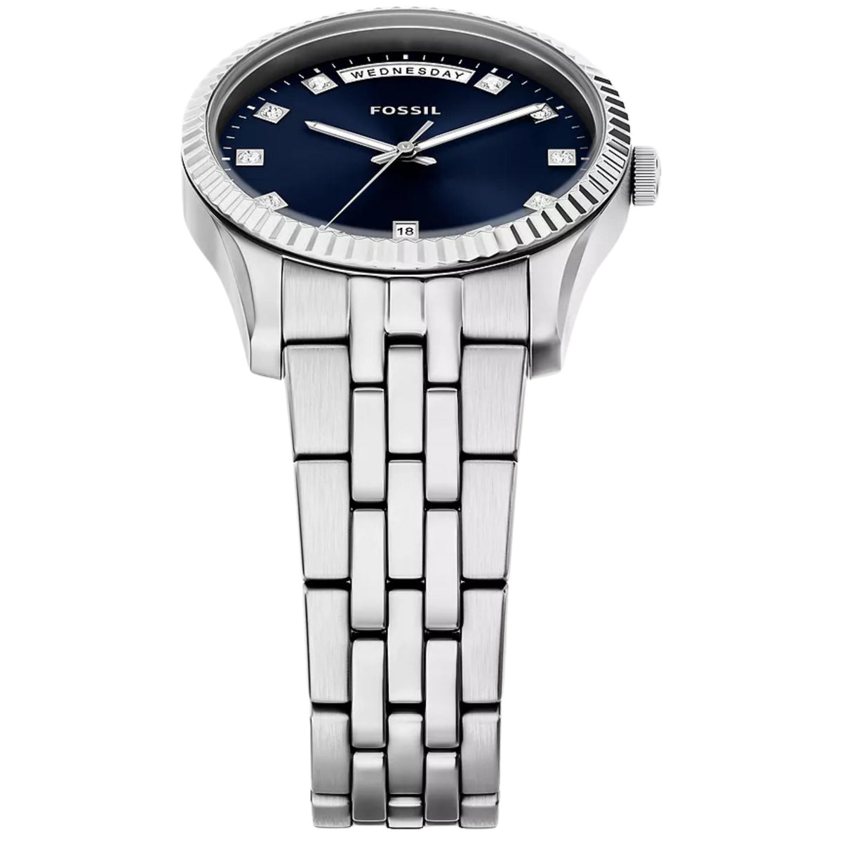 Vertical perspective of the Fossil Scarlette ES5457 watch displaying the stainless steel bracelet, fluted bezel, and blue dial with day-date window
