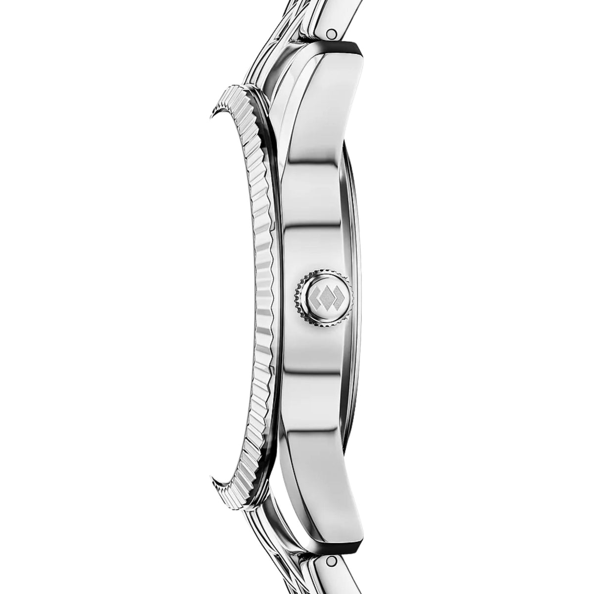 Side view of the Fossil Scarlette ES5457 watch highlighting the slim steel case profile, fluted bezel edge, and push-pull crown