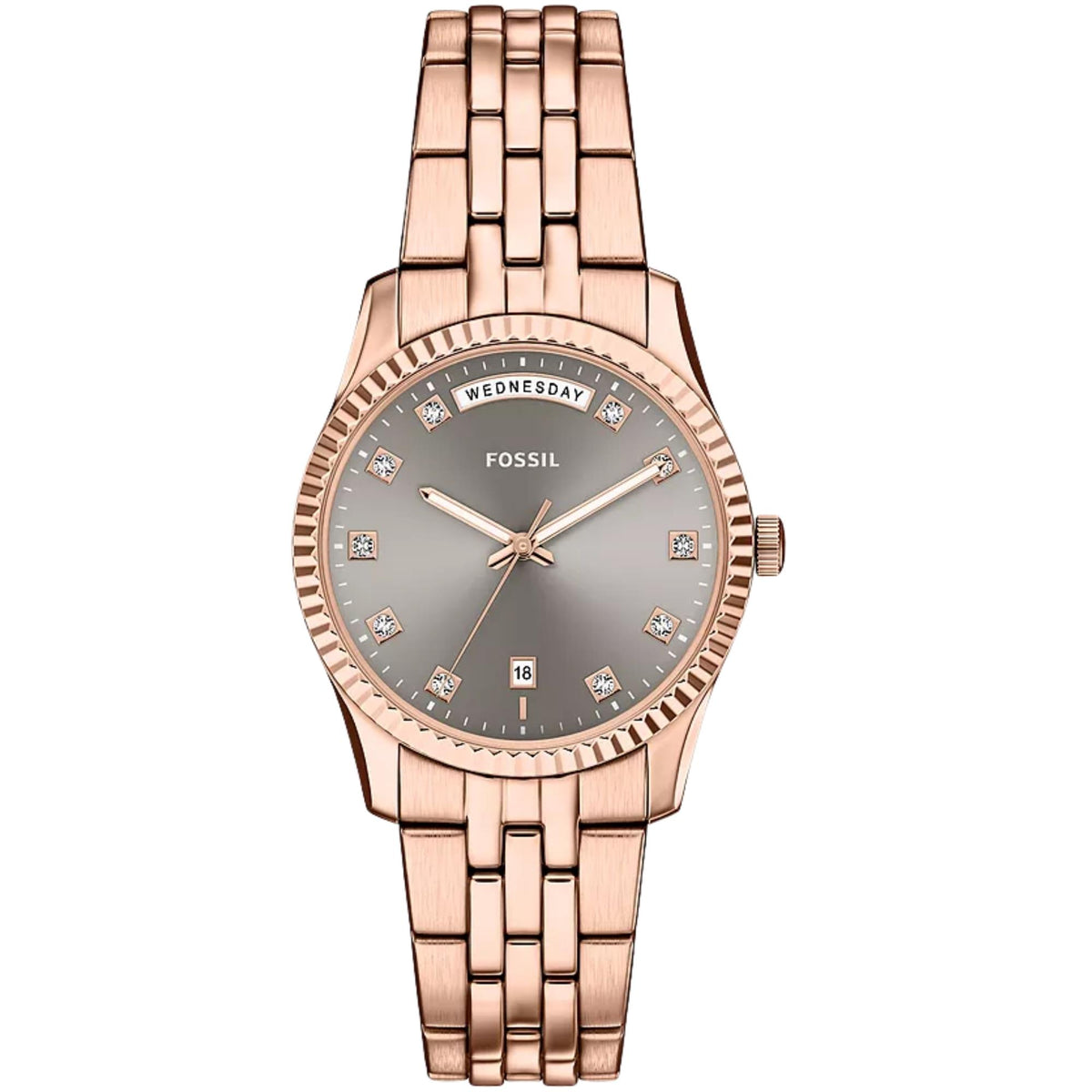 Fossil Scarlette ES5459 front view showing grey dial with fluted bezel and link bracelet