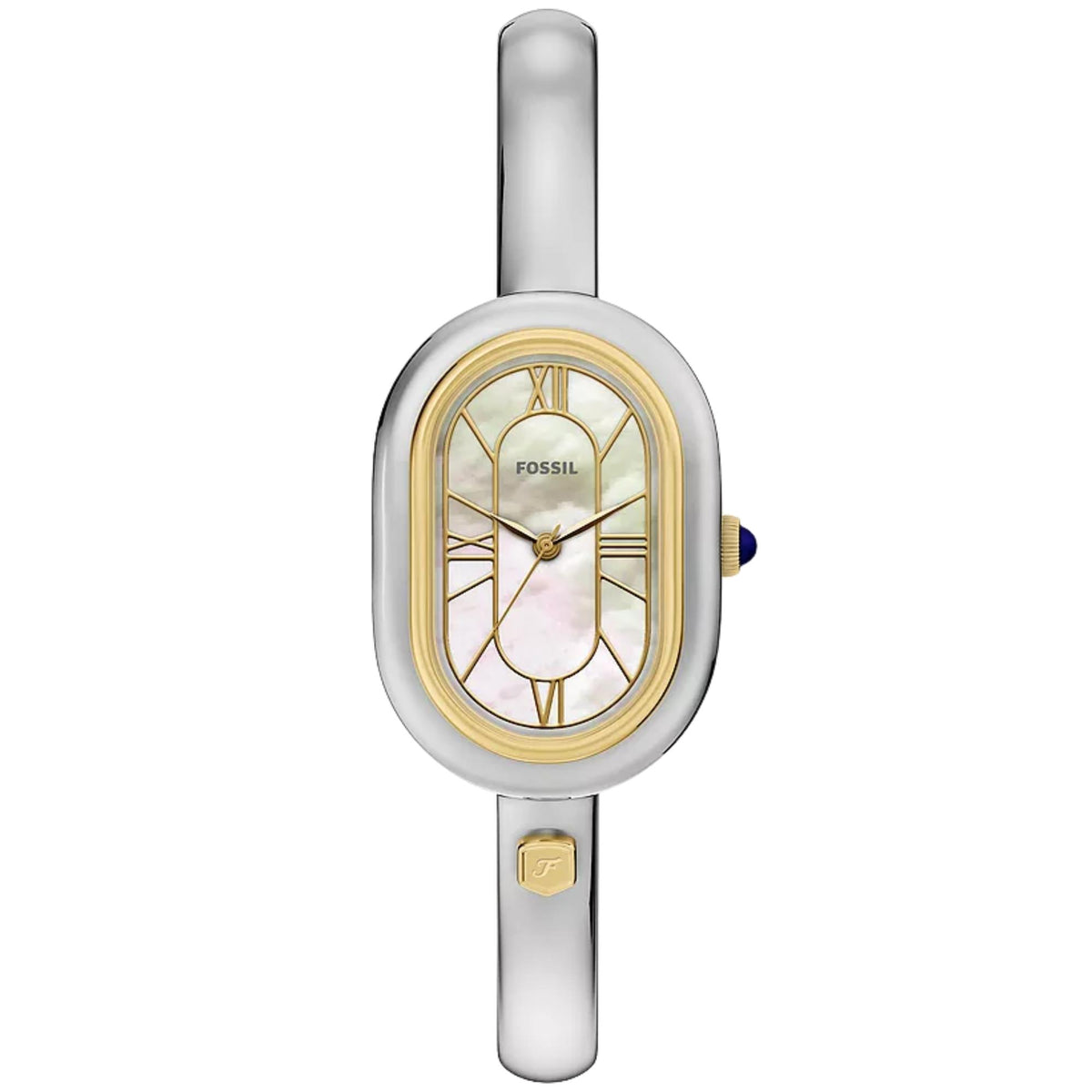 Steel ladies quartz watch with mother-of-pearl dial, gold Roman numerals, slim strap