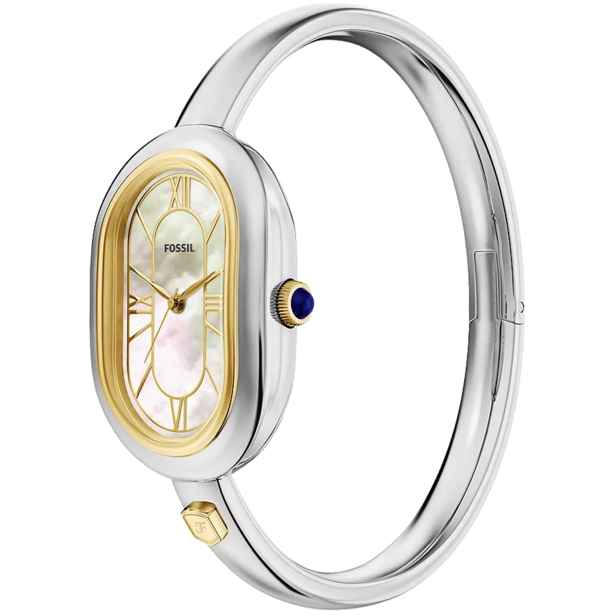 Stainless steel ladies quartz watch, mother-of-pearl oval dial with gold Roman numerals