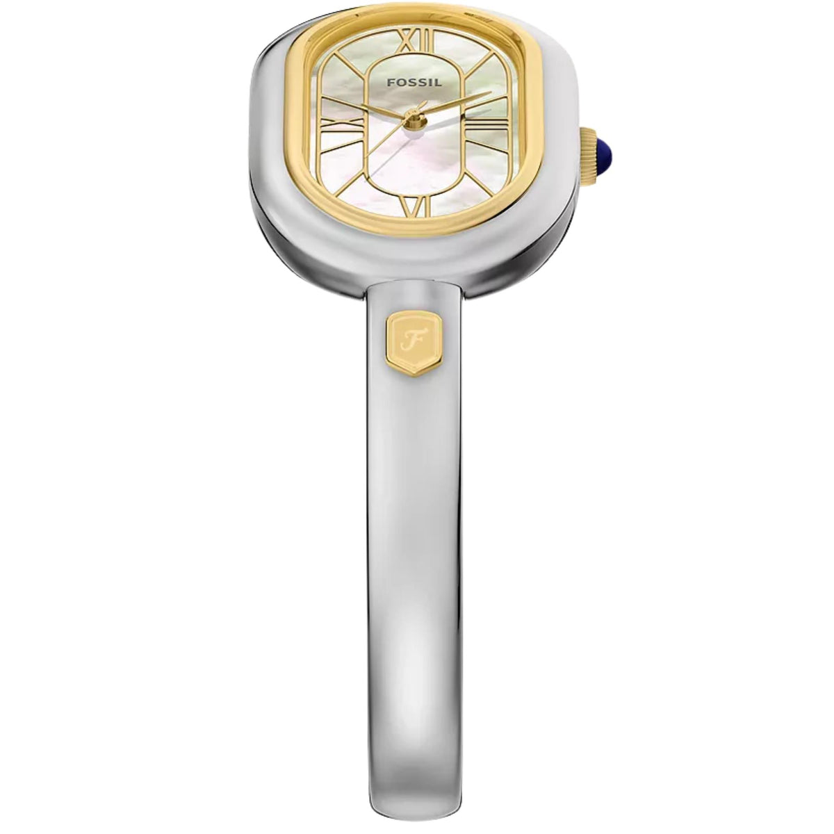 Gold-accented steel ladies watch with mother-of-pearl dial and Roman numeral markers