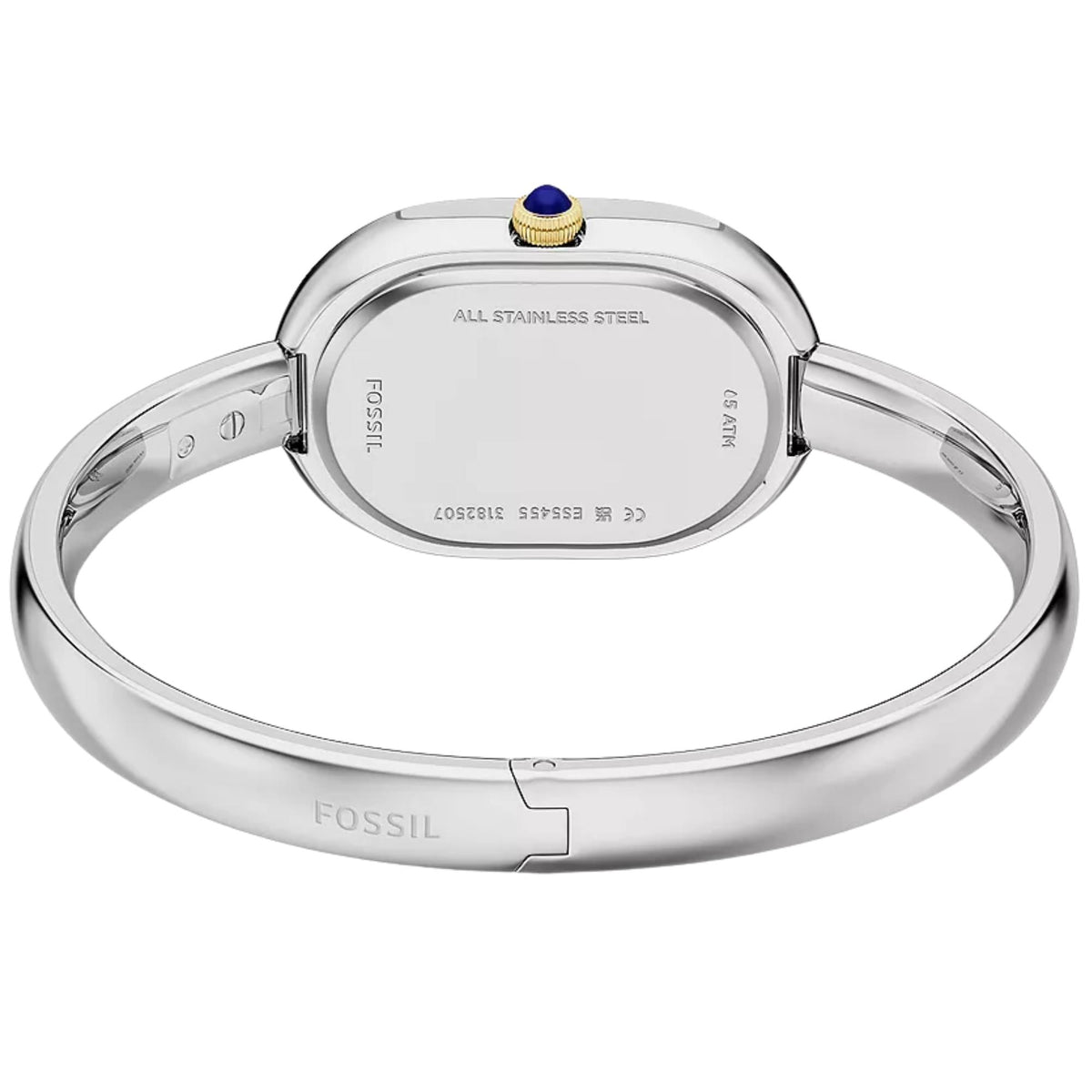 Stainless steel watch caseback with engraved text and hinged bracelet links