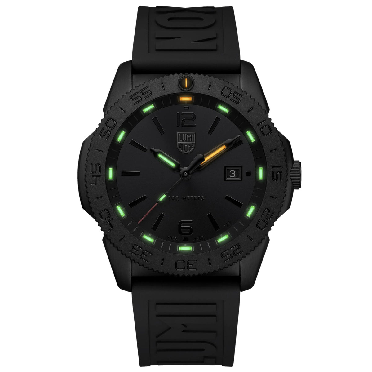 Luminox Pacific Diver black dial rubber quartz watch with green-lit indices and date window