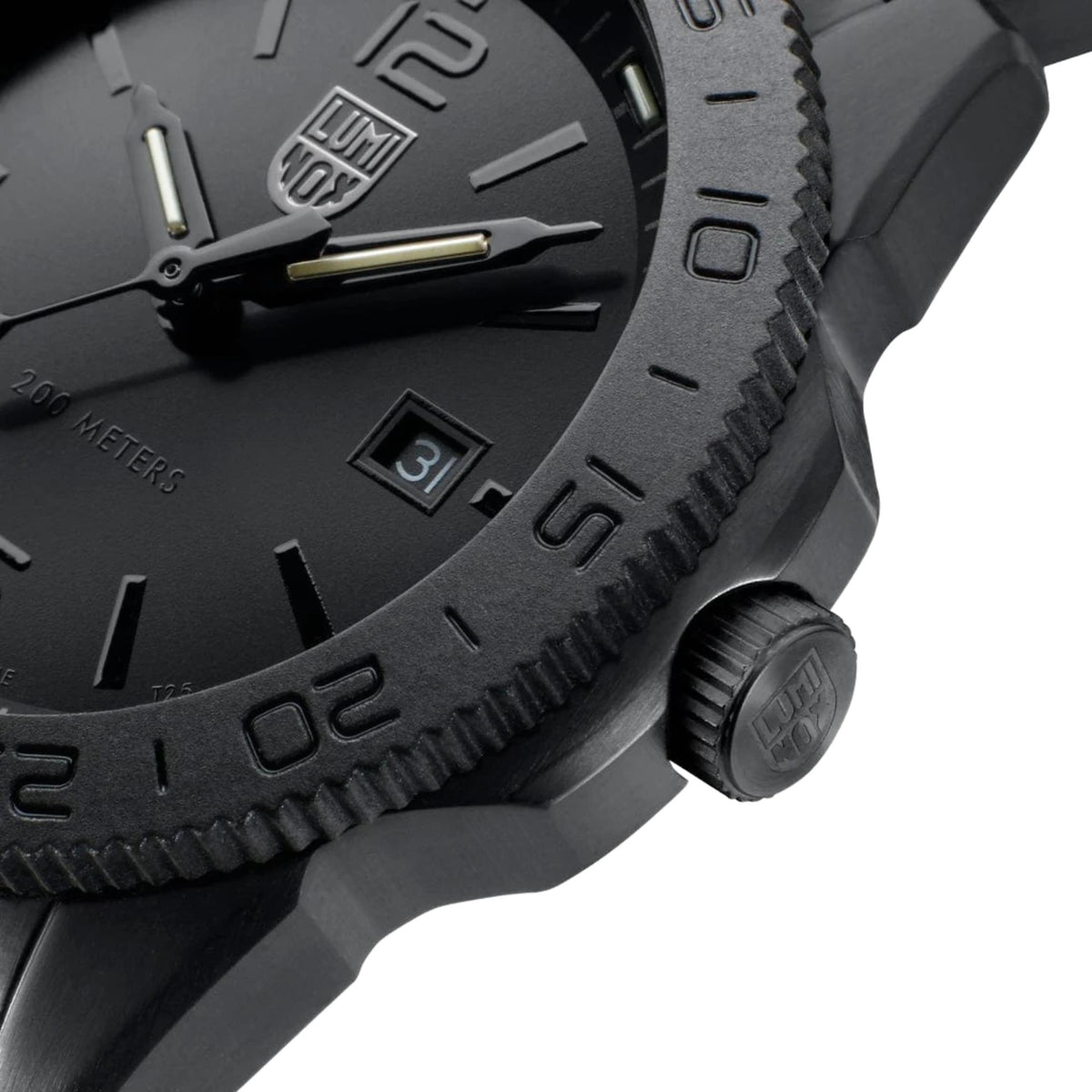 Luminox watch case close-up with textured bezel and grooved crown