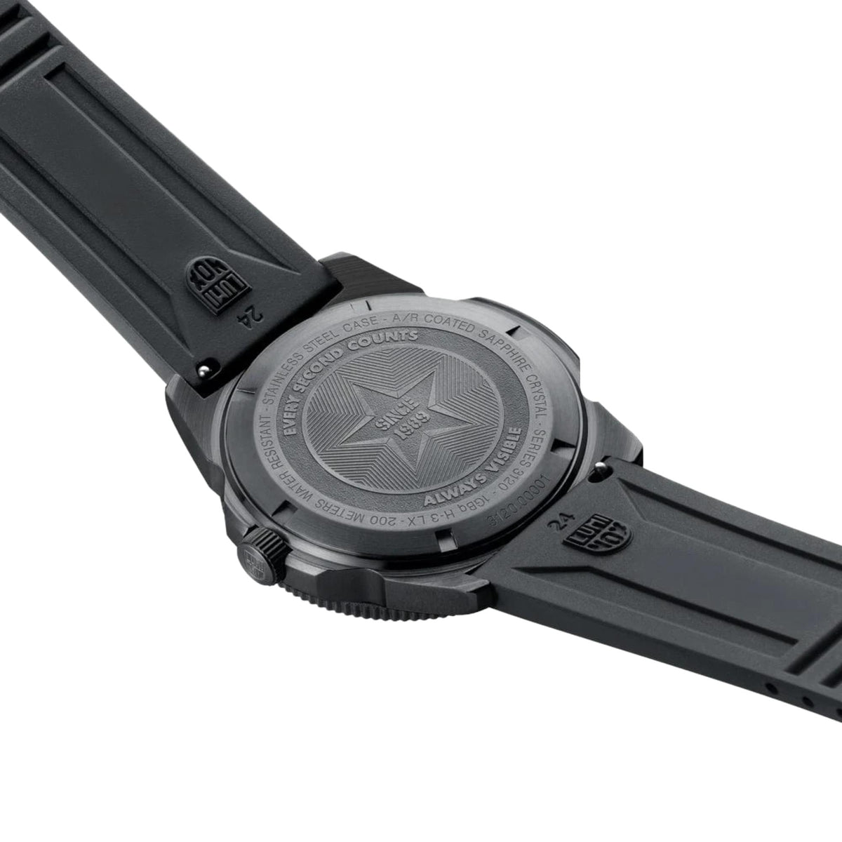 Luminox Pacific Diver 44mm quartz watch caseback on black rubber strap