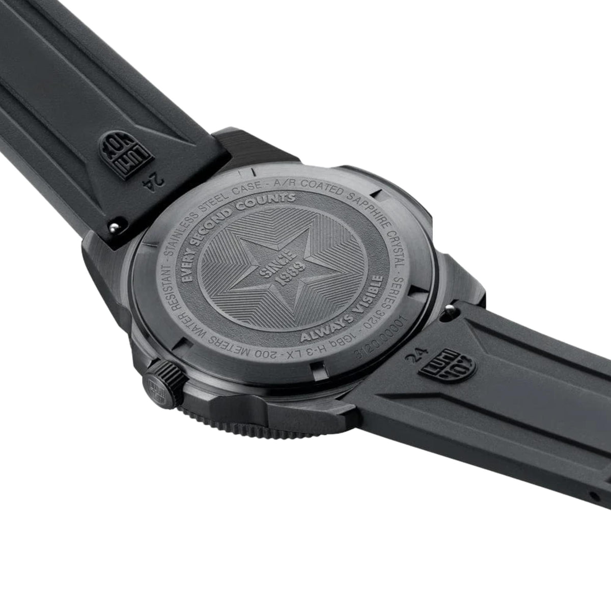 Pacific Diver 44mm quartz diver watch caseback, engraved metal back on black strap