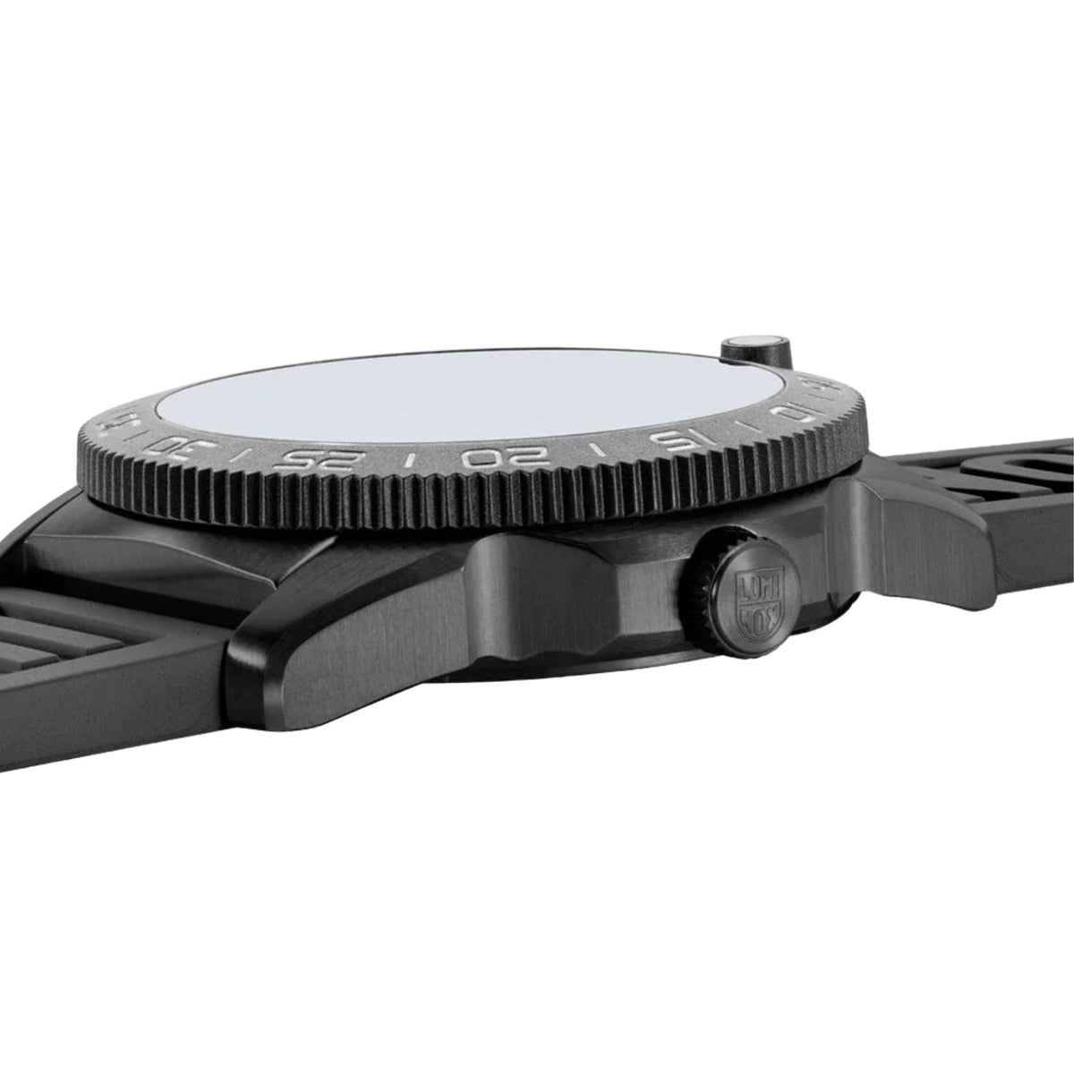 Side view highlighting the thin black case profile and coin-edge bezel of the Luminox Pacific Diver XS.3127M