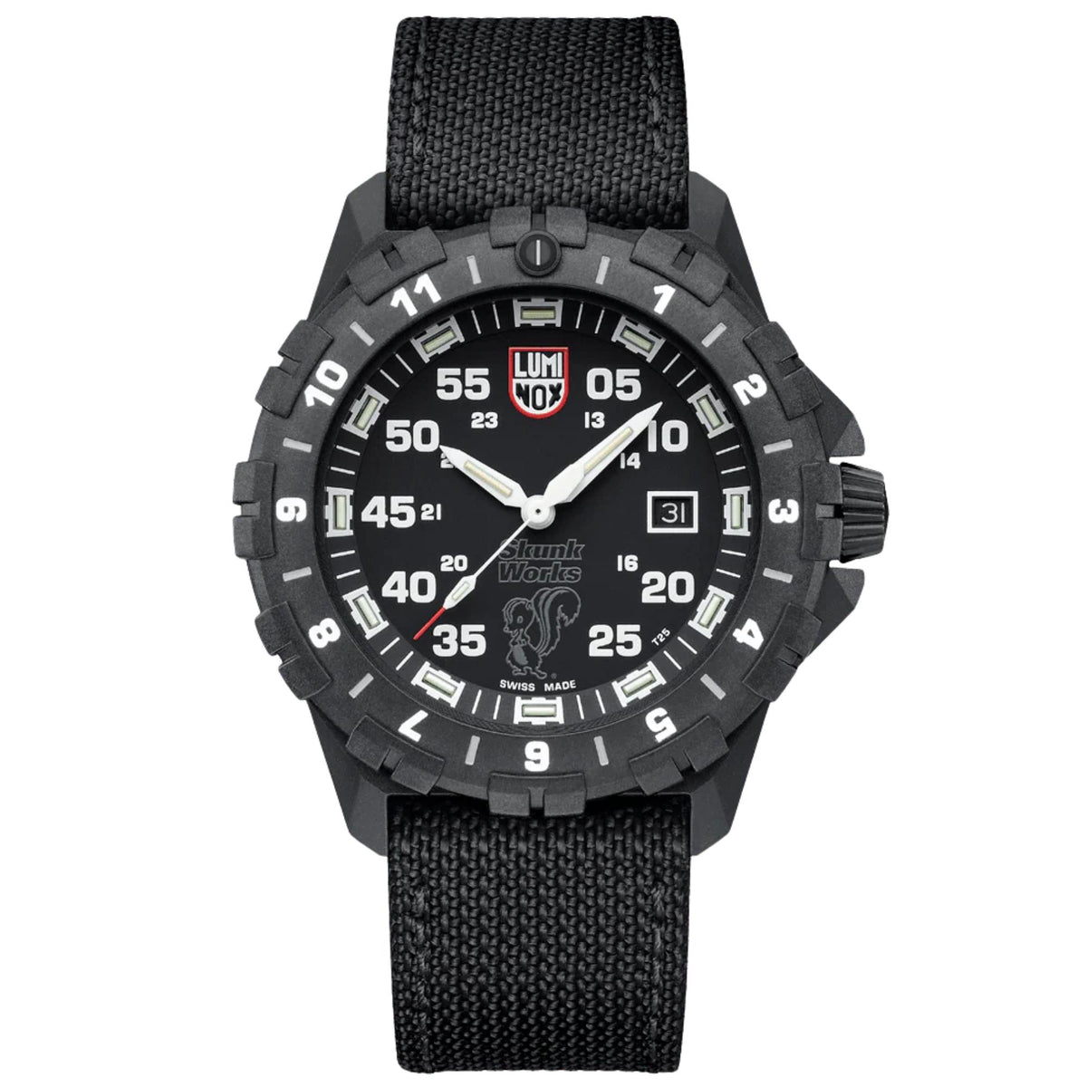 Front view of Luminox F-117 Nighthawk XA.6442.H featuring a black dial, Skunk Works text, notched bezel, and black strap