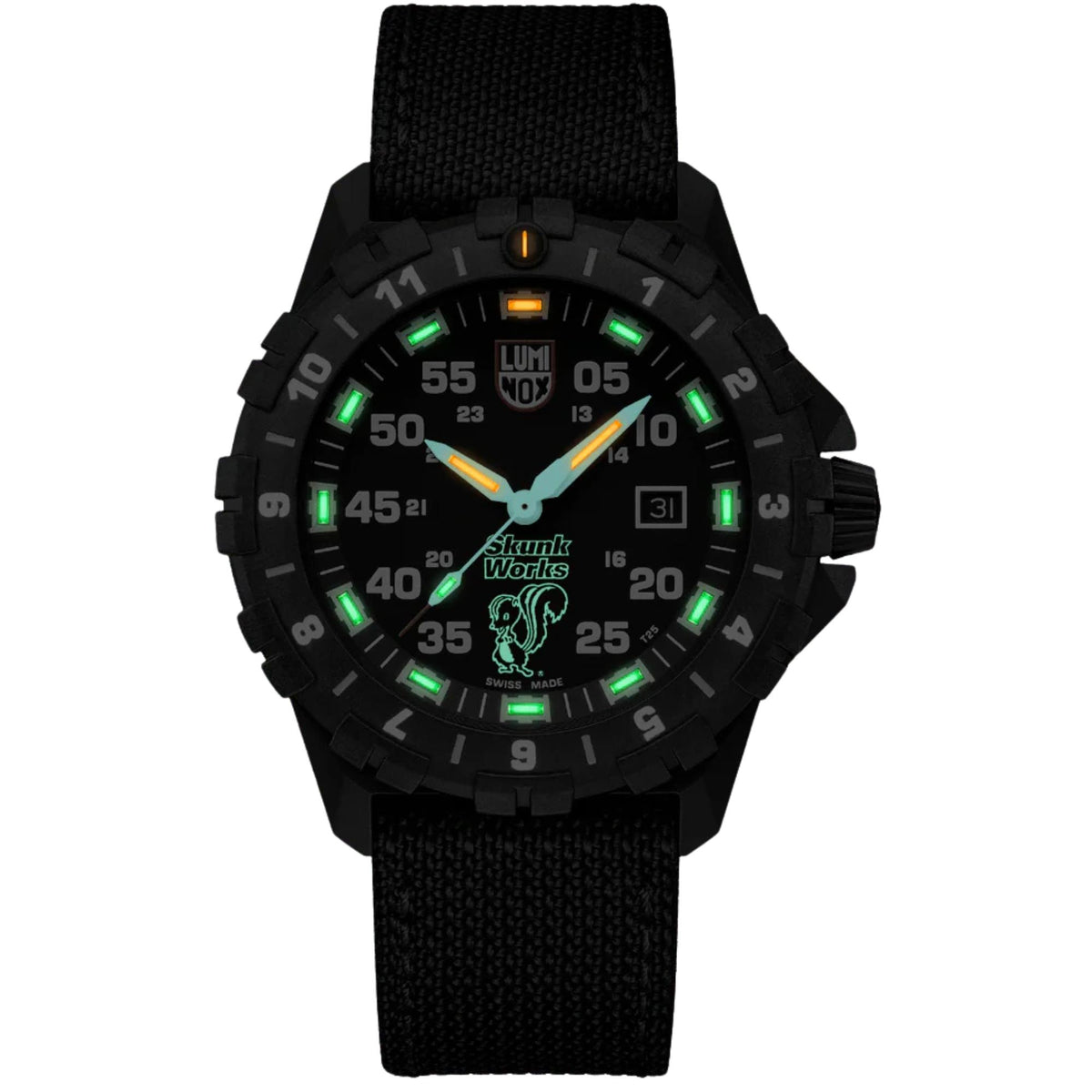 Full front shot of the Luminox F-117 Nighthawk XA.6442.H highlighting its glowing green dial markers and Skunk Works emblem