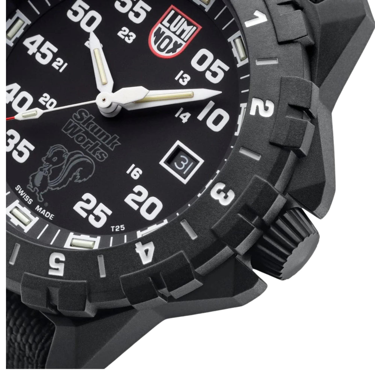 Close-up angle showcasing the textured bezel, ribbed crown, and case edges of the Luminox F-117 Nighthawk XA.6442.H