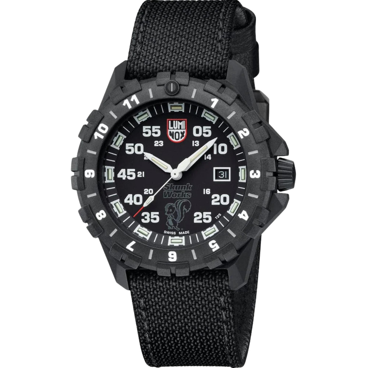Slightly angled view of the Luminox F-117 Nighthawk XA.6442.H watch showcasing its woven fabric strap and rugged black case