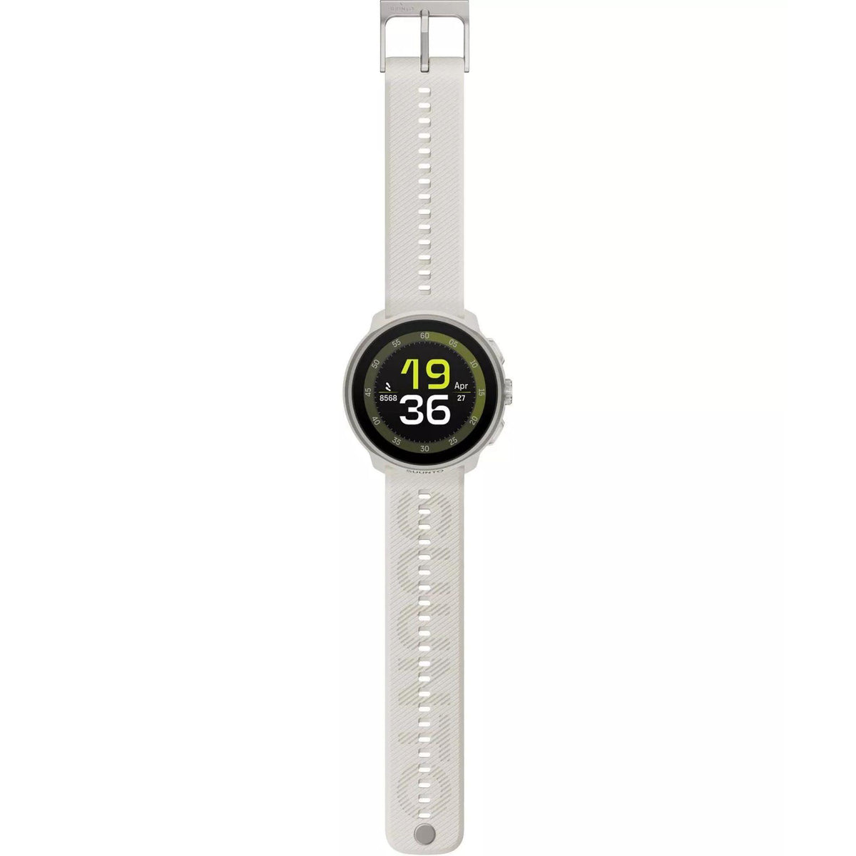 Front view of the Suunto SS051273000 smart watch with its frost gray silicone strap fully extended showing a lime green accent dial