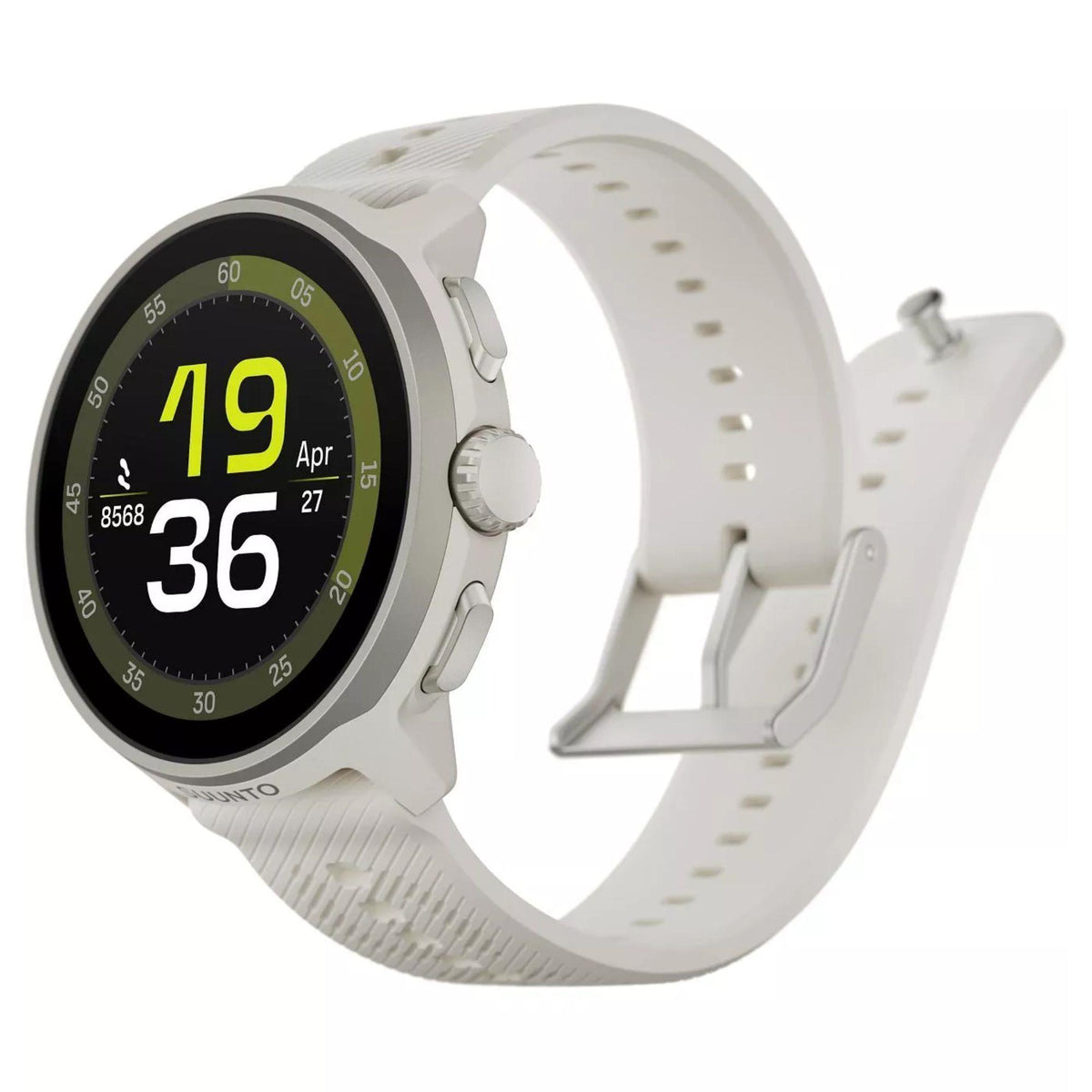 Suunto Run Frost Gray smart watch showcasing the silicone strap layout, hardware buckle, side buttons, and crown position