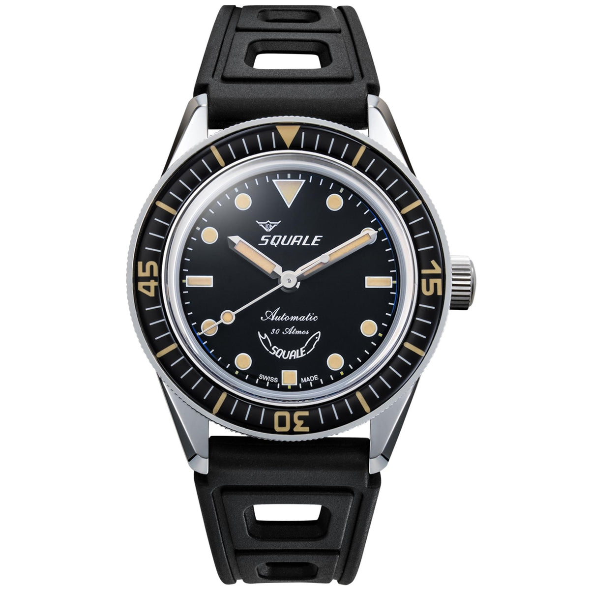 Men's black dial dive watch with rubber strap, silver case, and black bezel with minute markers