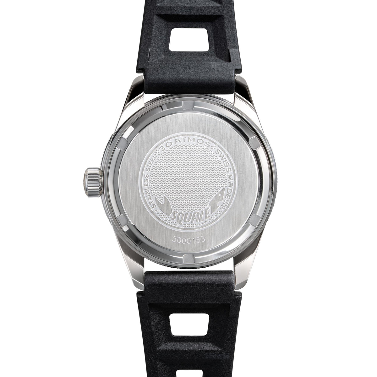 Men's dive watch caseback on a black rubber strap, showing engraved circular back