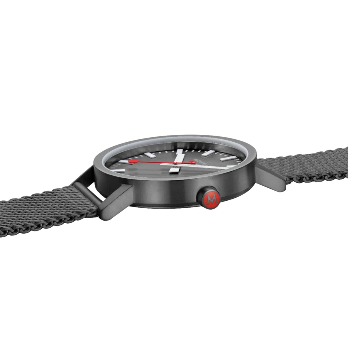 Mondaine watch case profile with textured bracelet and dark dial, showing crown side