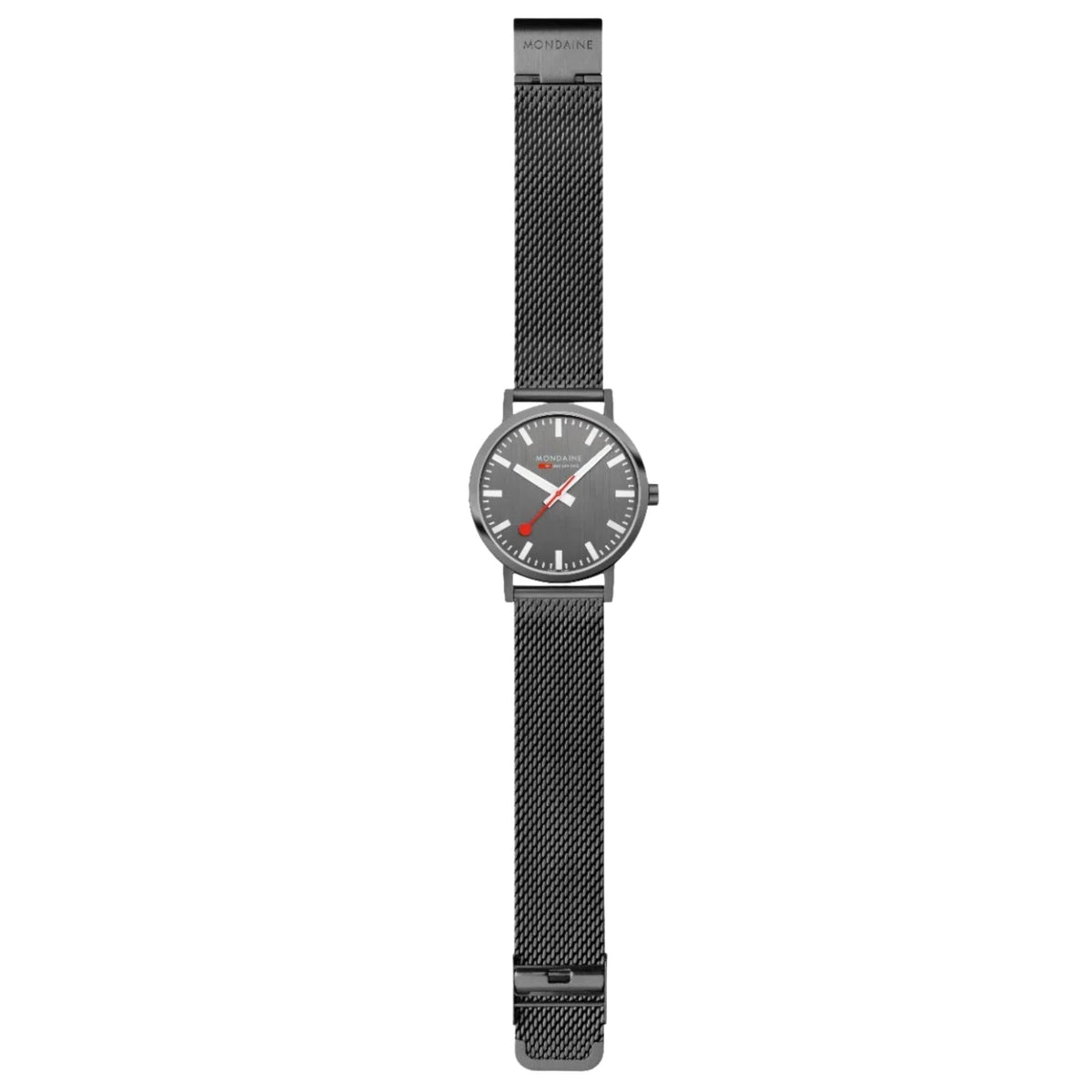 Mondaine Classic watch on straight-on view with dark mesh strap and anthracite dial