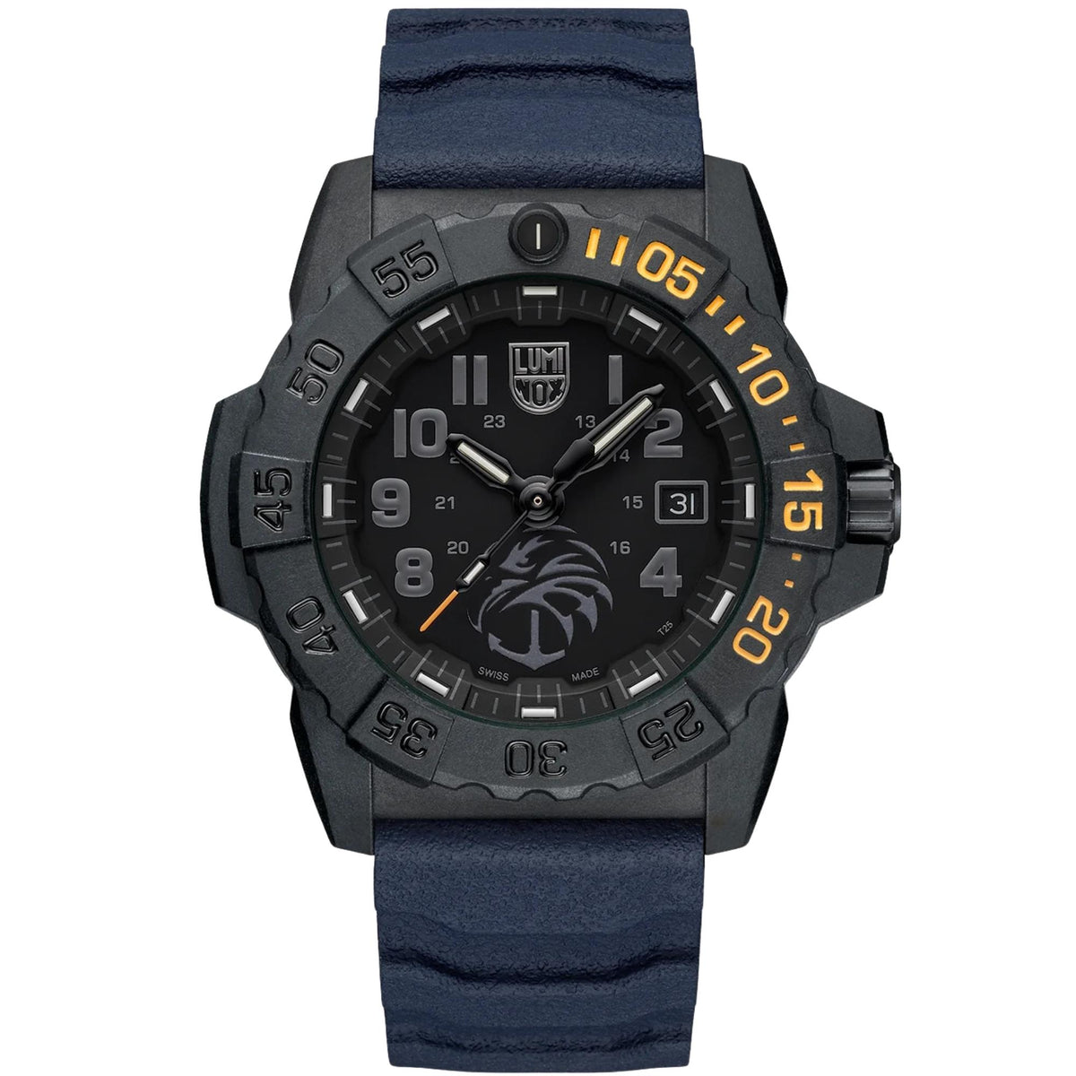 Luminox Navy Seal XS.3505.NSF.N black dial front view with blue rubber strap
