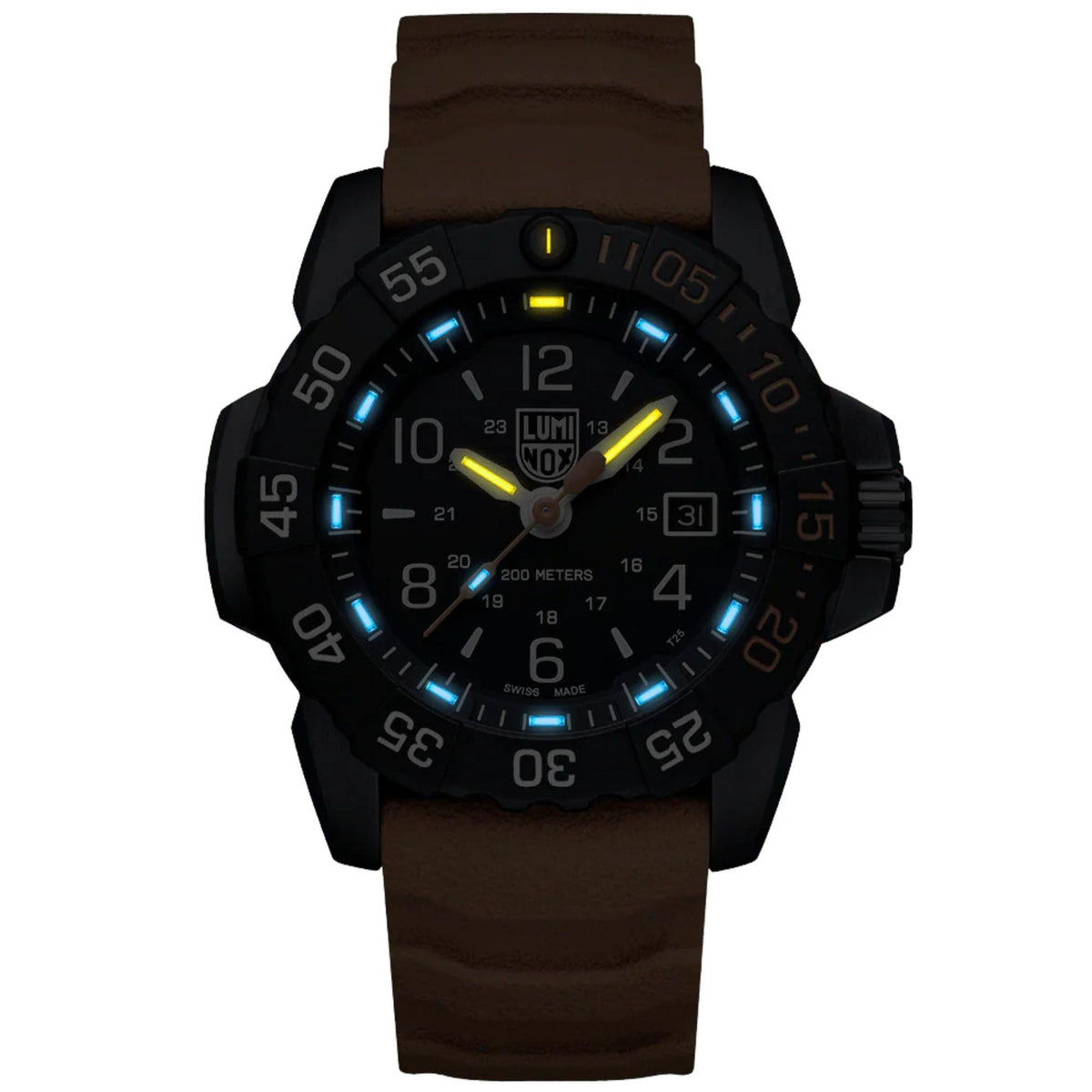 Dark studio view highlighting glowing blue and yellow self-powered illumination tubes on the Luminox Navy SEAL XS.3253.CB.NSF.2