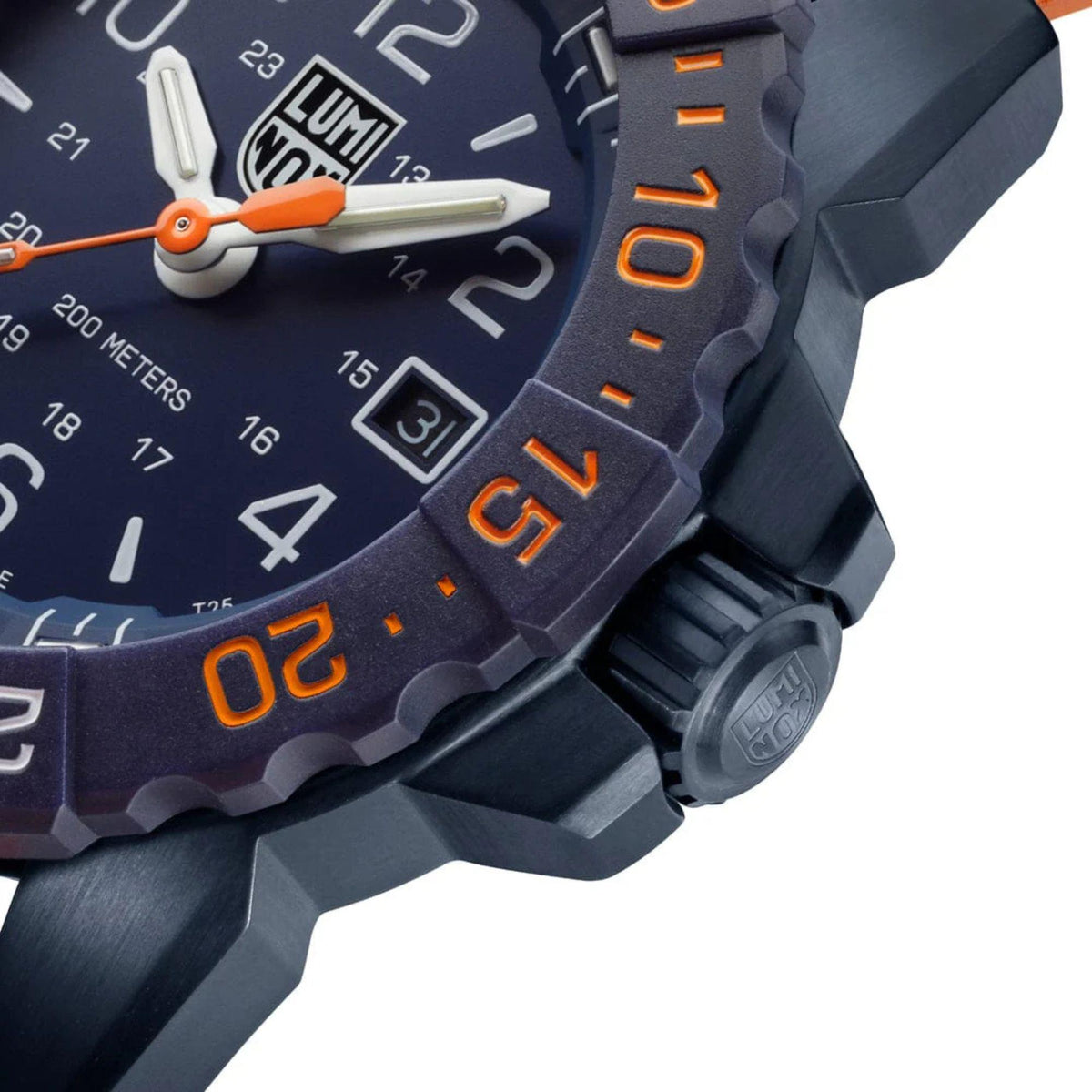 Extreme close-up of the textured dive bezel and signed screw-down crown on the Luminox Navy SEAL XS.3253.CB.NSF.2