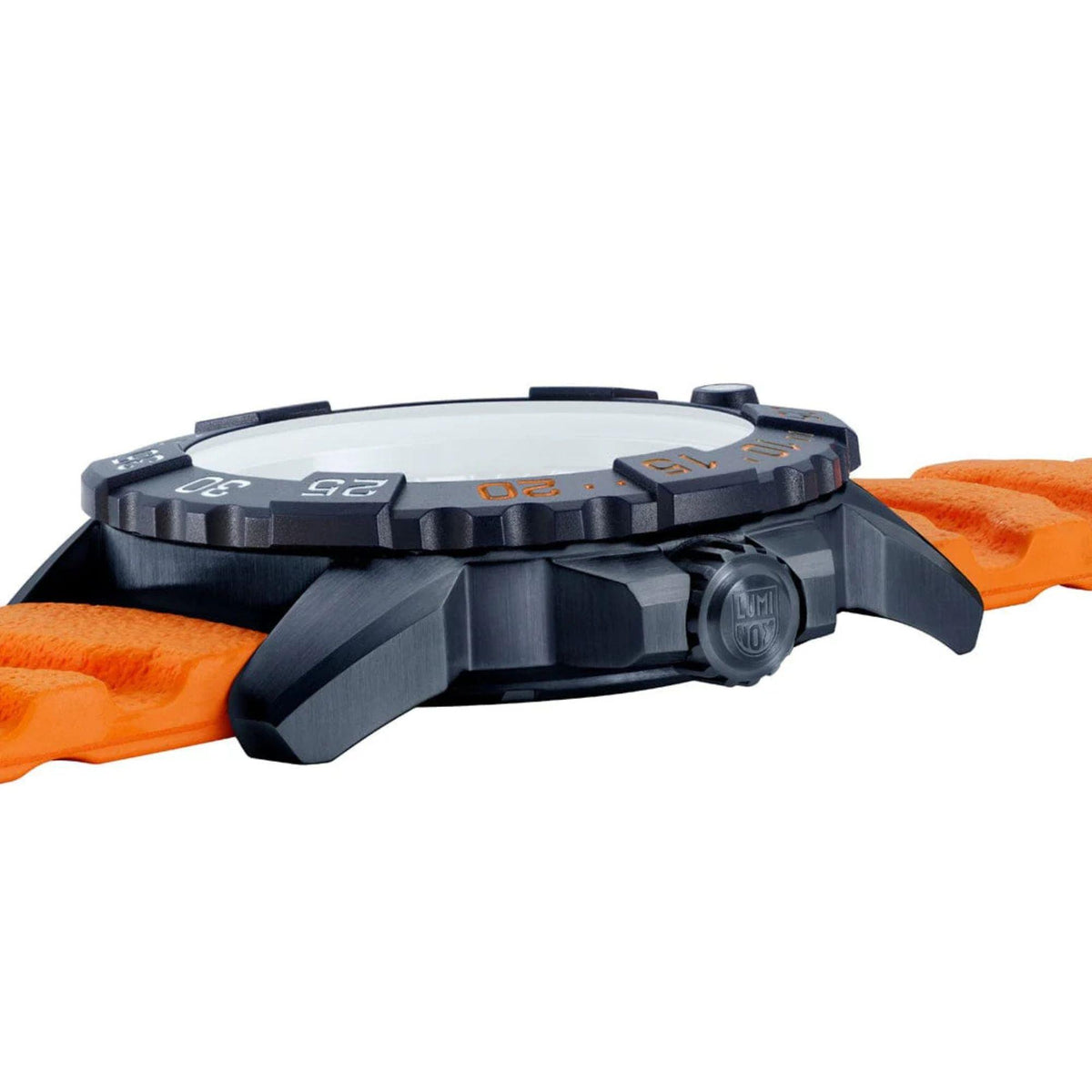 Side profile view highlighting the thick blue steel case, textured crown, and orange strap of the Luminox Navy SEAL XS.3253.CB.NSF.2