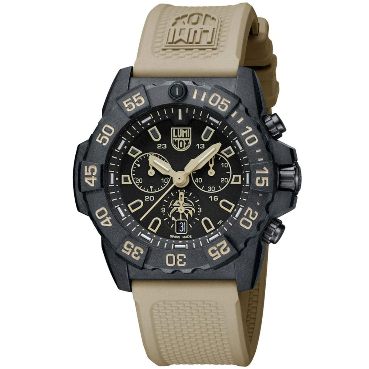 Black dial chronograph watch with tan rubber strap and raised push-button crown