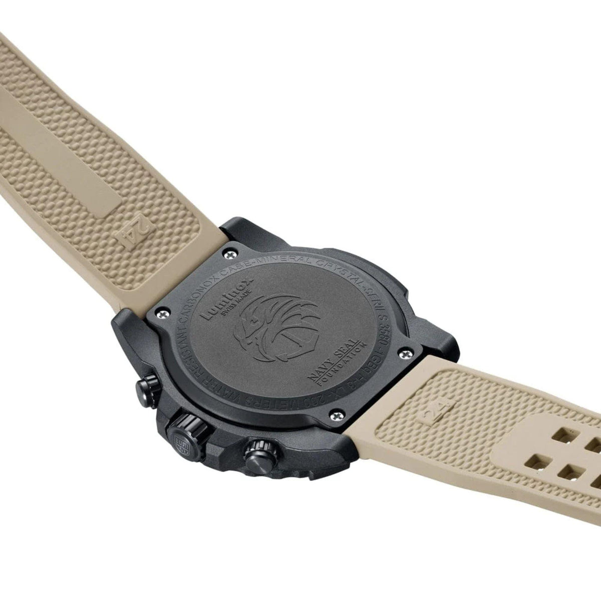Luminox chronograph case with tan rubber strap, screw back and side buttons