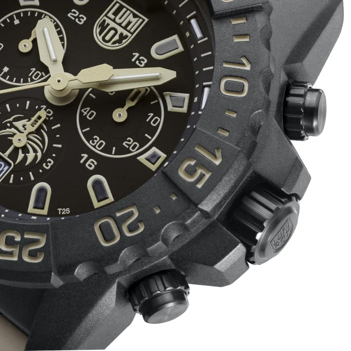 Close-up of black dial with luminous indices and tan-accented bezel edges