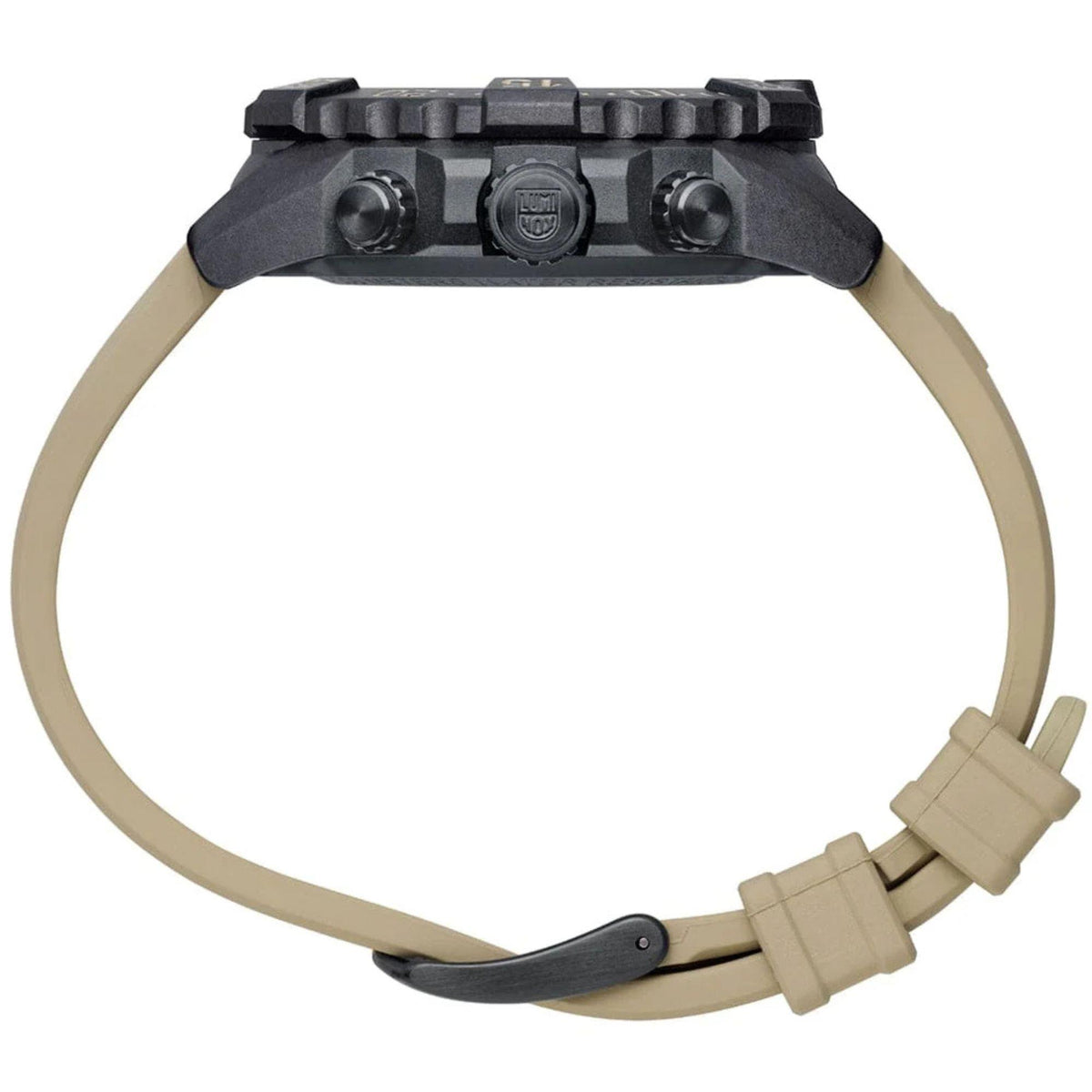 Tan rubber watch strap with clasp and textured links attached to black case