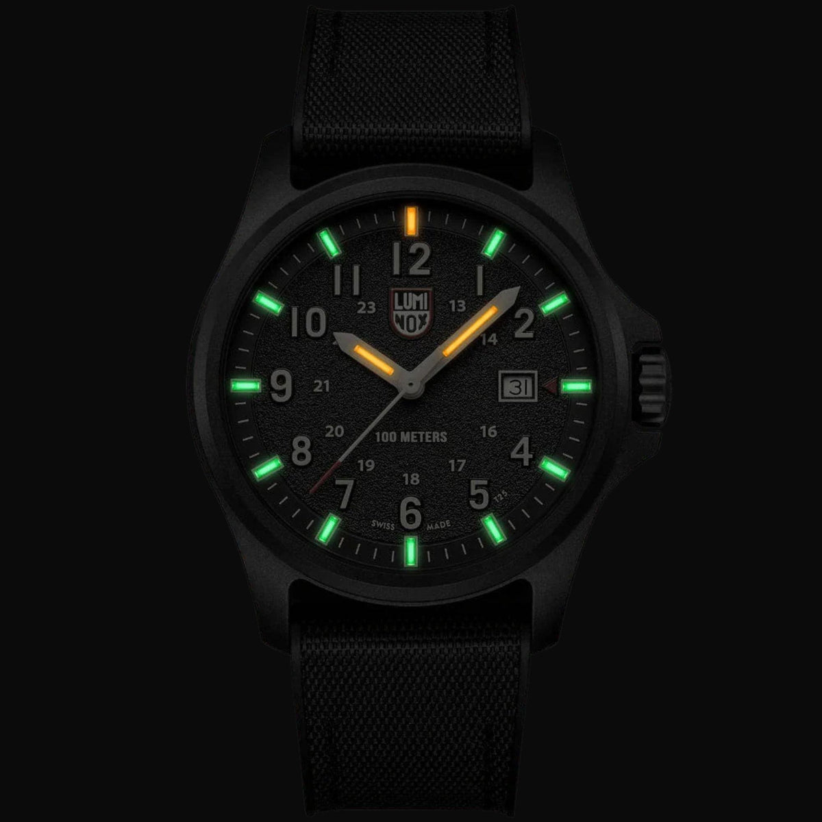 Luminox Atacama watch front view, black dial with green luminous hour markers