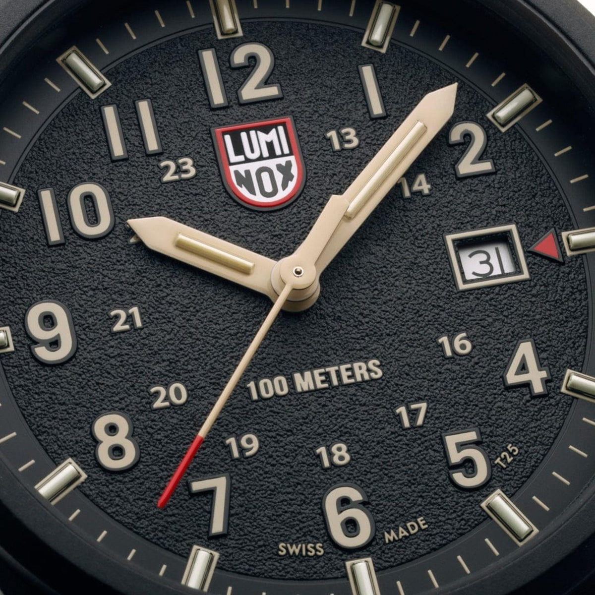 Luminox Atacama dial close-up with 100 meters marking and LUMINOX logo