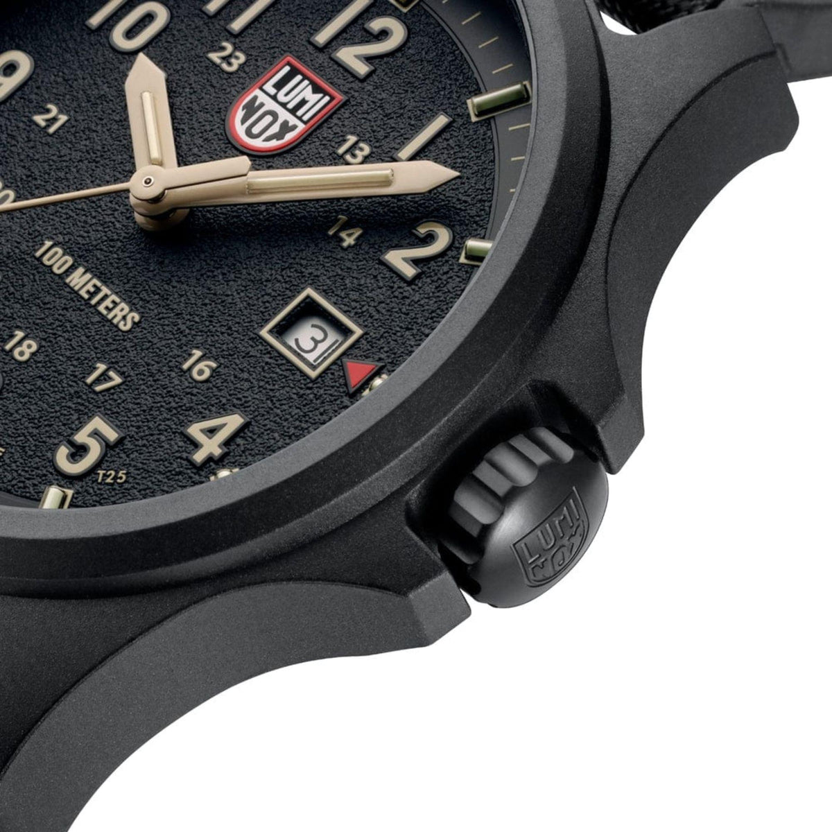 Luminox Atacama watch bezel and crown close-up with hands on black dial