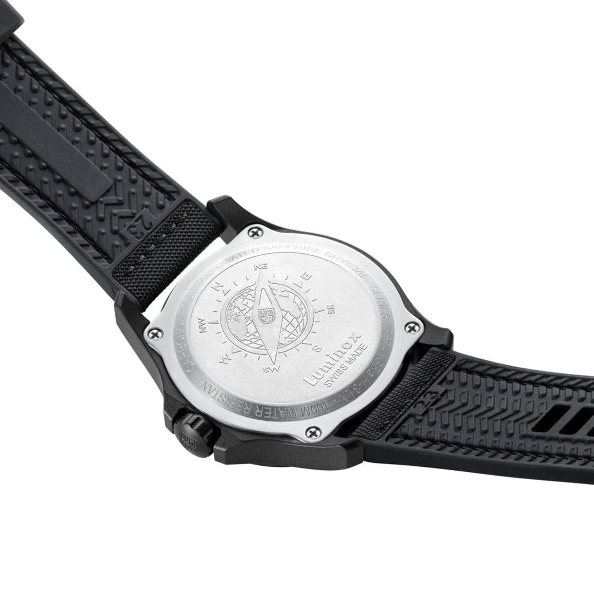 Luminox Atacama watch caseback on black textured rubber strap
