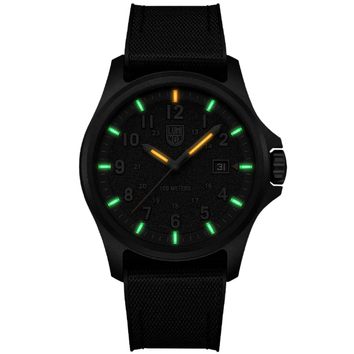 Men's field watch with grey textured dial, black case, and luminous green marks