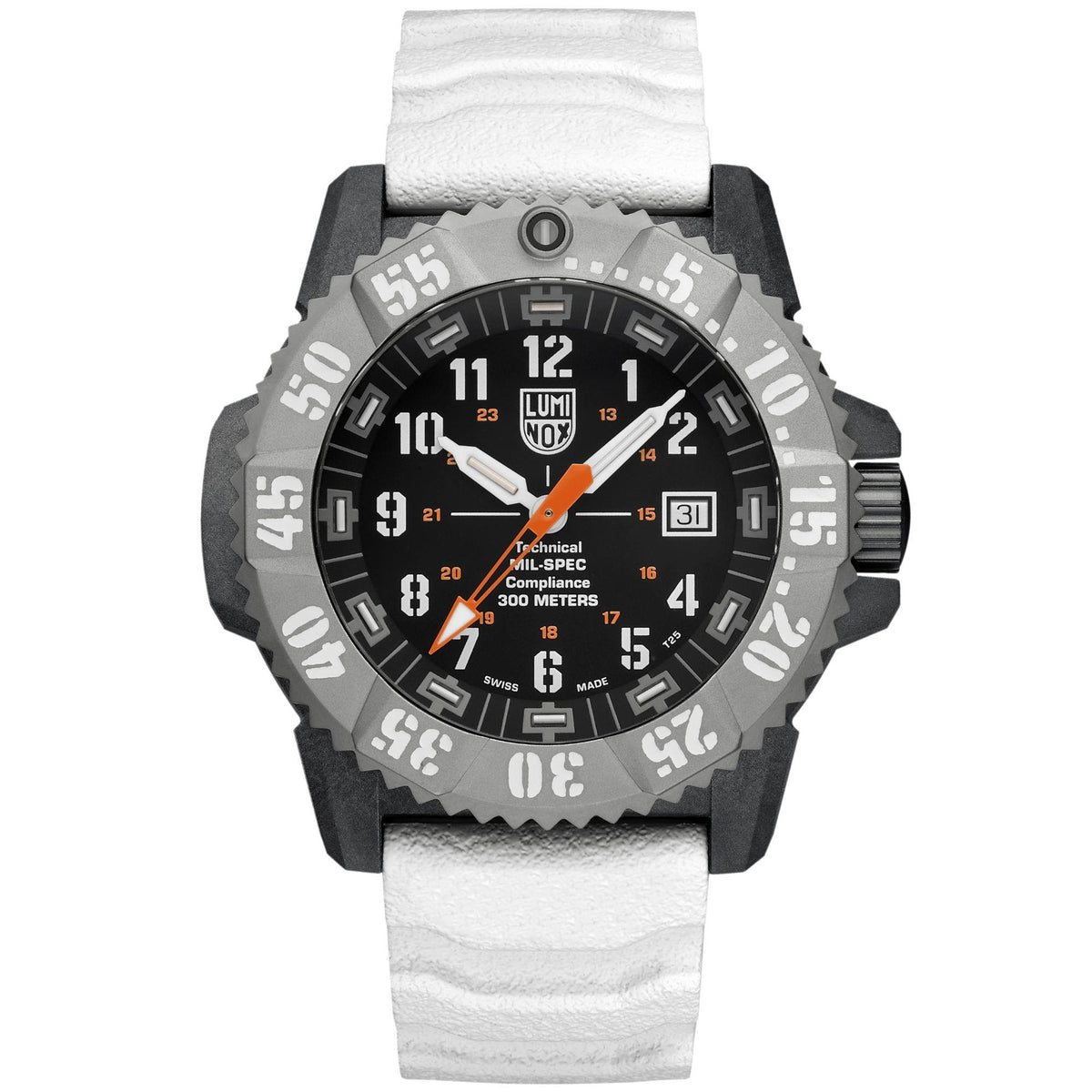 Black-dial Luminox MIL-SPEC 46mm quartz watch with rubber strap and orange hands