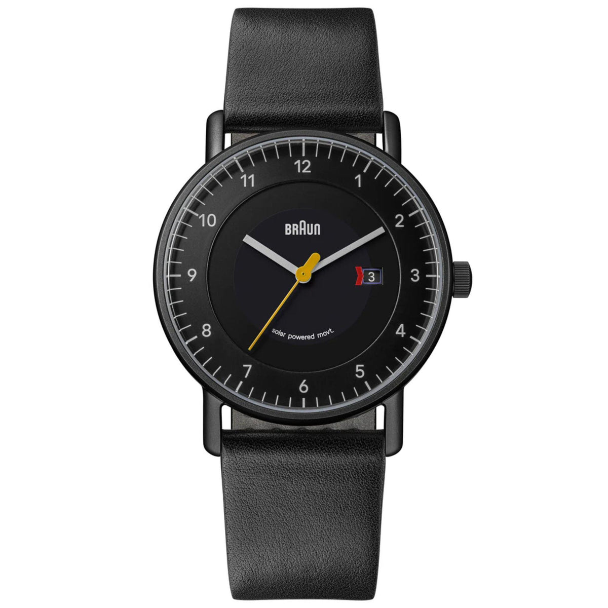 Men's solar powered watch with black dial, yellow hands, and black leather strap