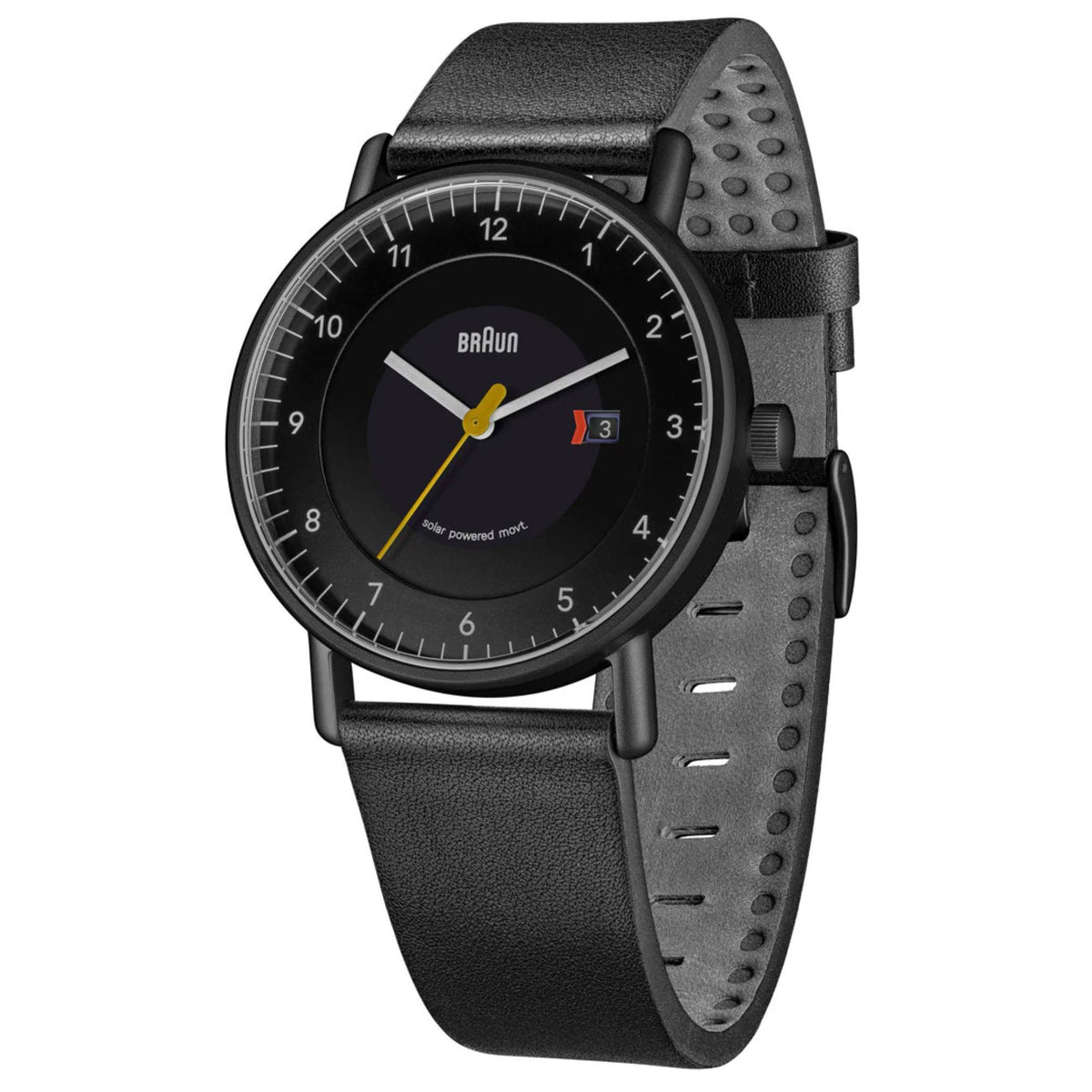 Men's solar powered watch with black dial, perforated black leather strap, and date window