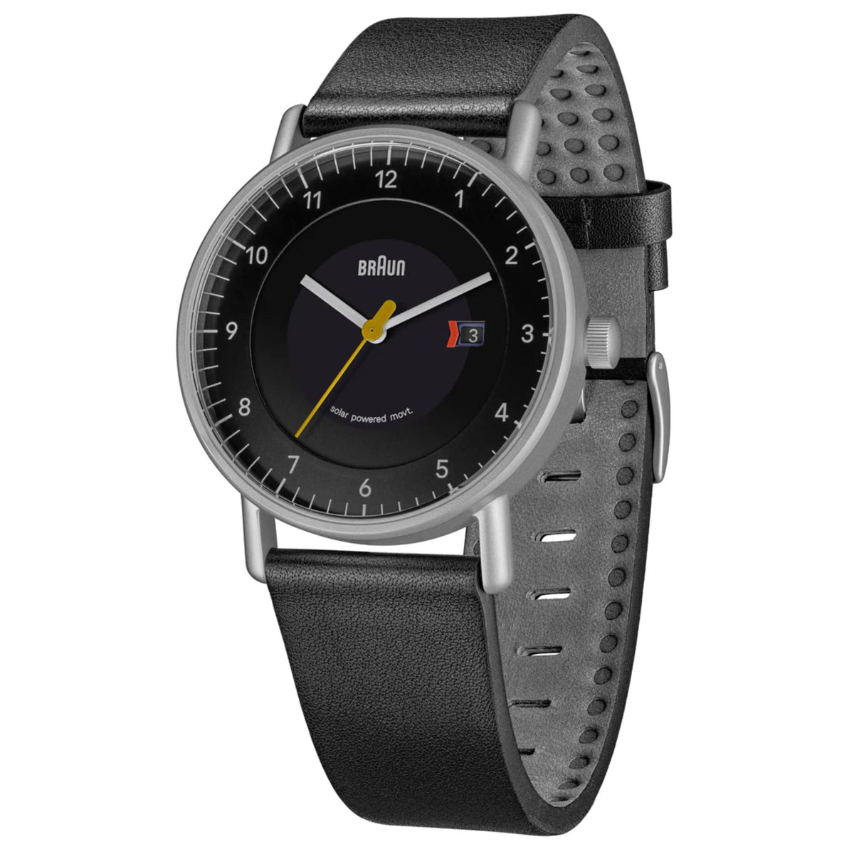 Braun solar-powered men’s watch with black dial and textured black leather strap with holes